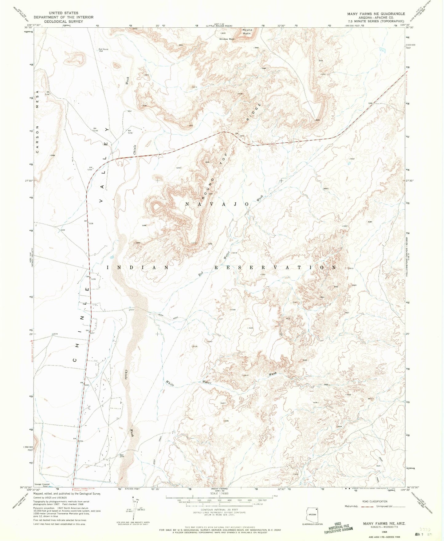 Classic USGS Many Farms NE Arizona 7.5'x7.5' Topo Map Image