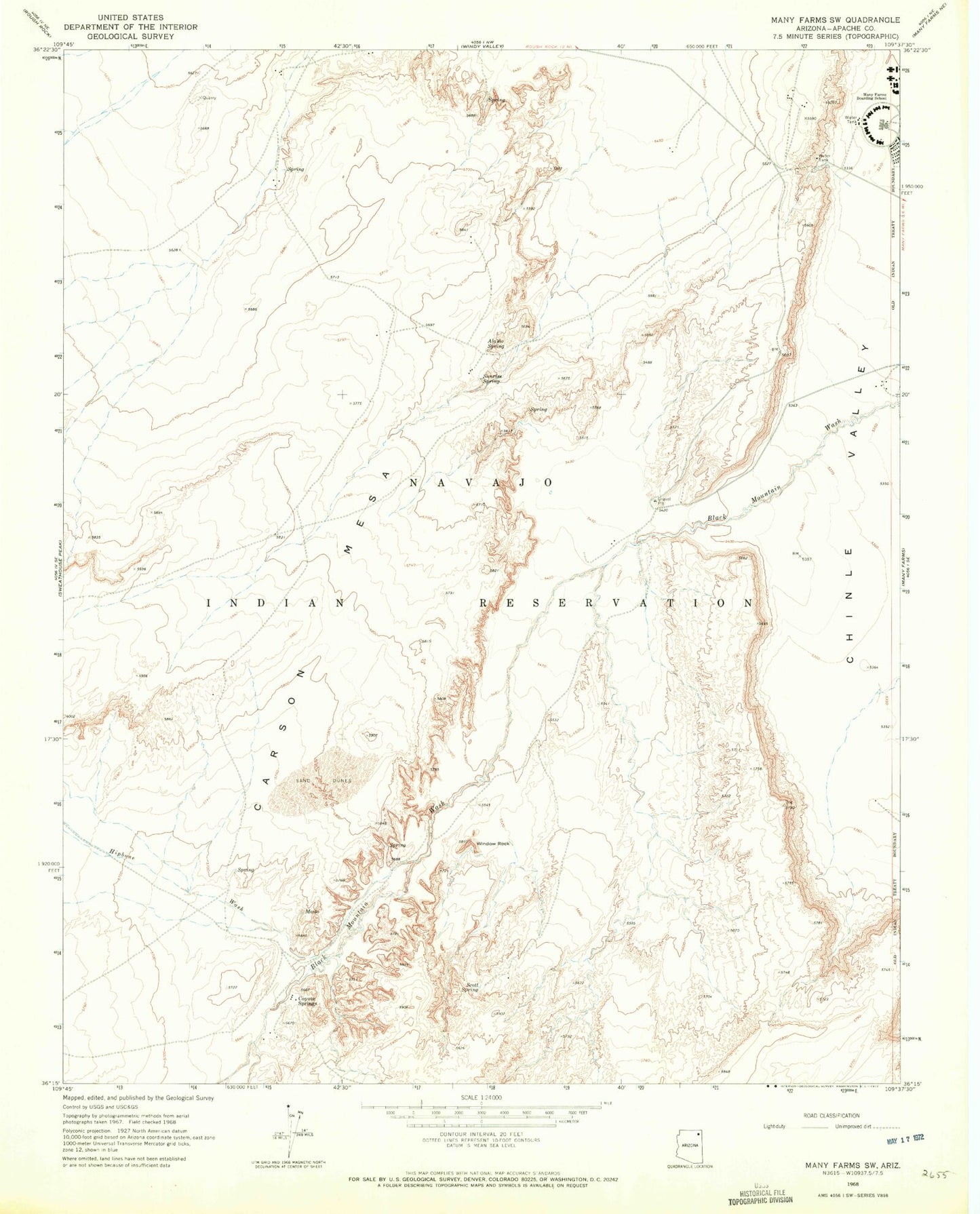 Classic USGS Many Farms SW Arizona 7.5'x7.5' Topo Map Image
