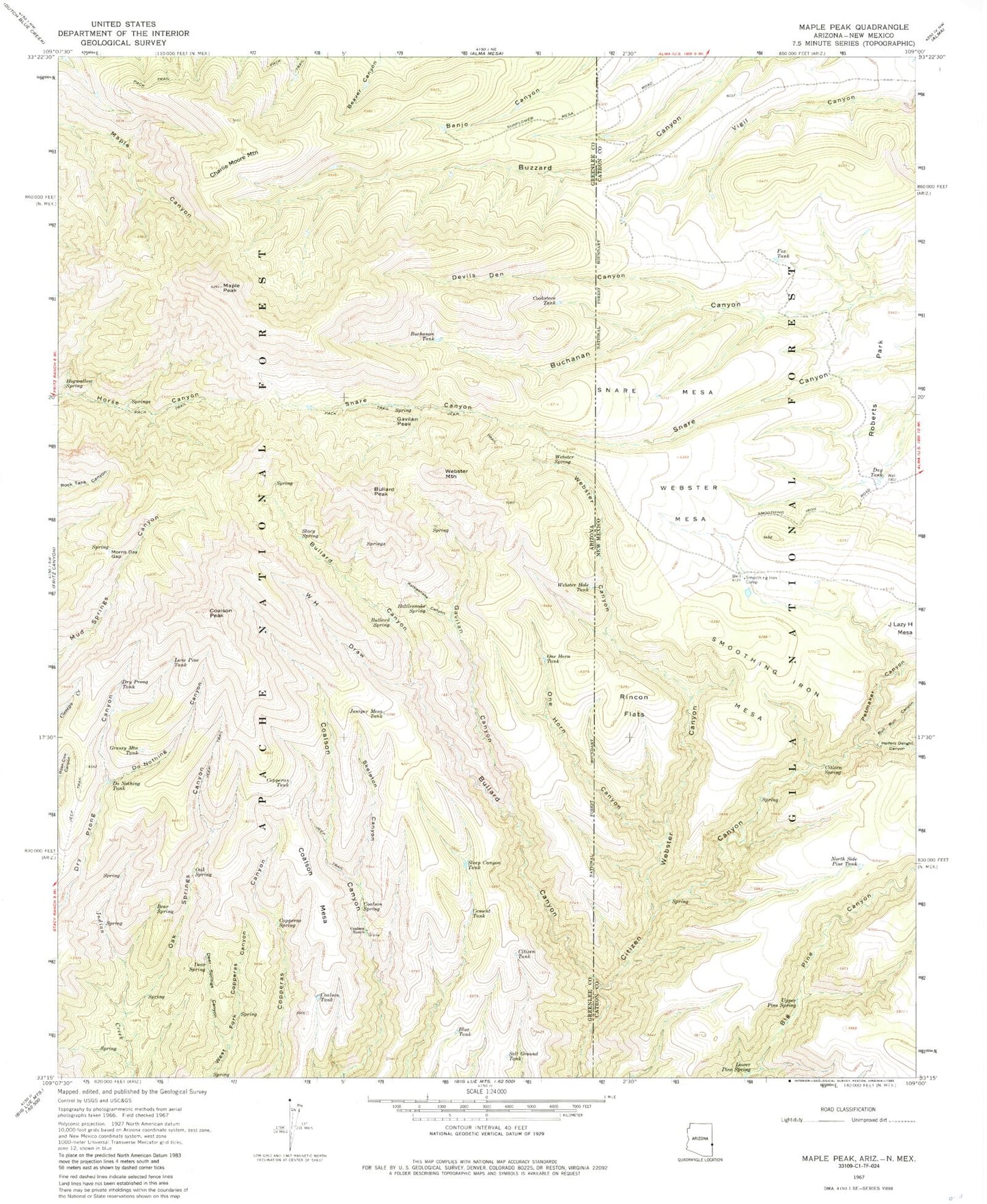 Classic USGS Maple Peak Arizona 7.5'x7.5' Topo Map Image