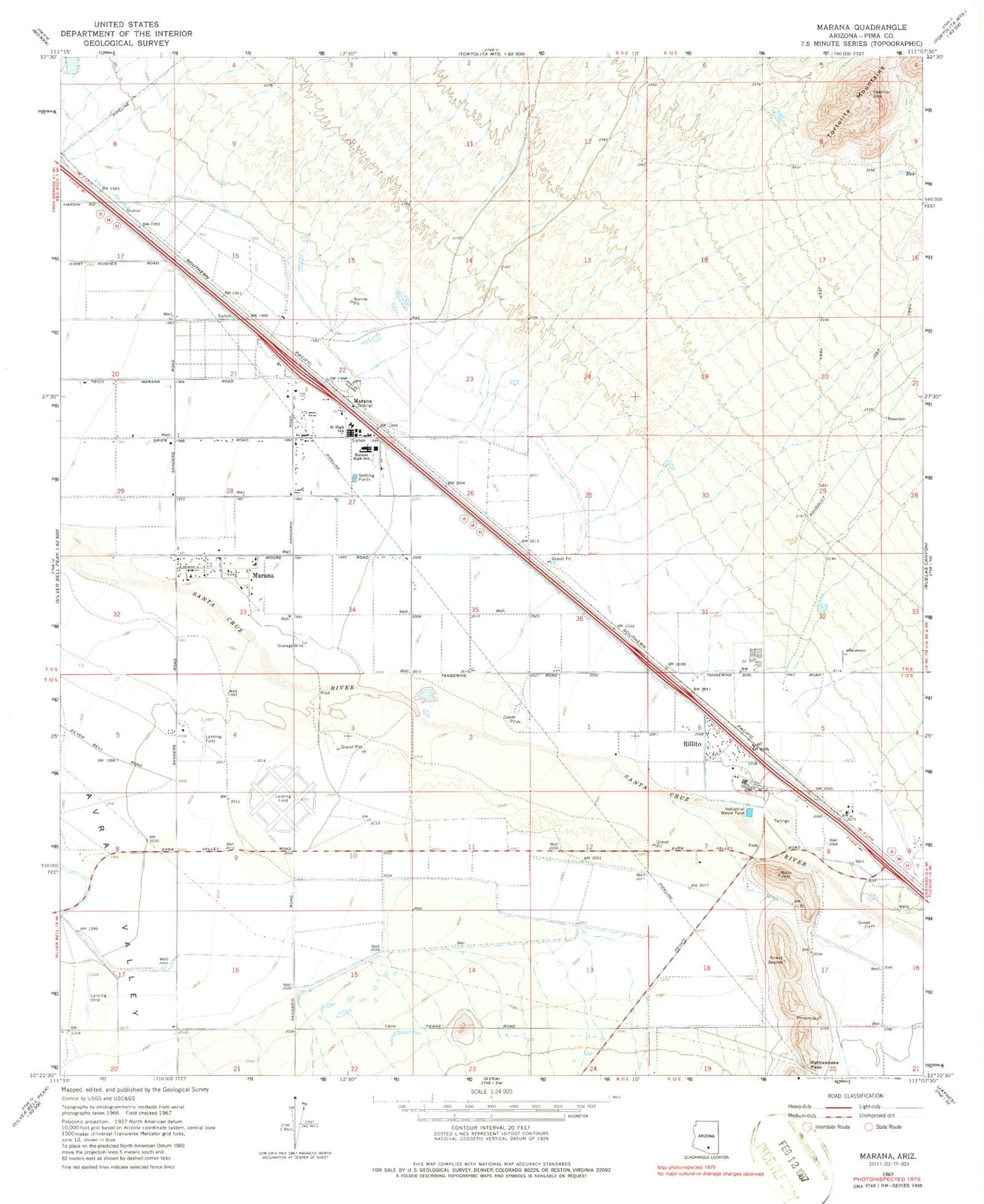 Classic USGS Marana Arizona 7.5'x7.5' Topo Map Image