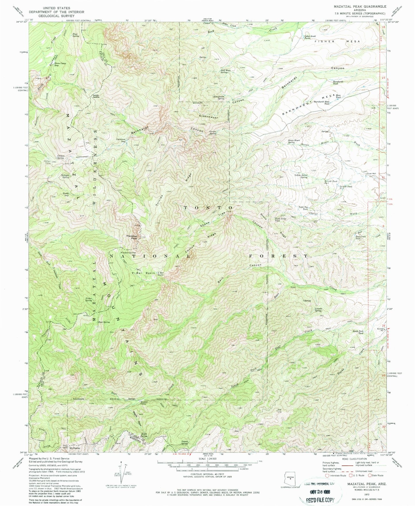Classic USGS Mazatzal Peak Arizona 7.5'x7.5' Topo Map Image