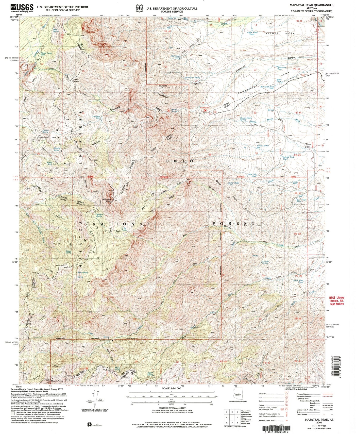Classic USGS Mazatzal Peak Arizona 7.5'x7.5' Topo Map Image