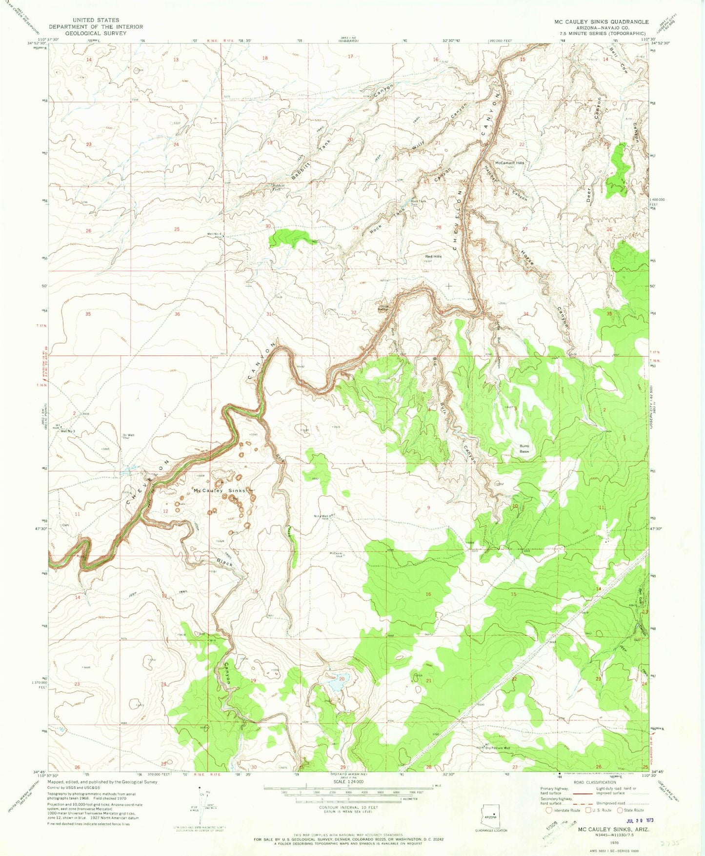 Classic USGS McCauley Sinks Arizona 7.5'x7.5' Topo Map Image