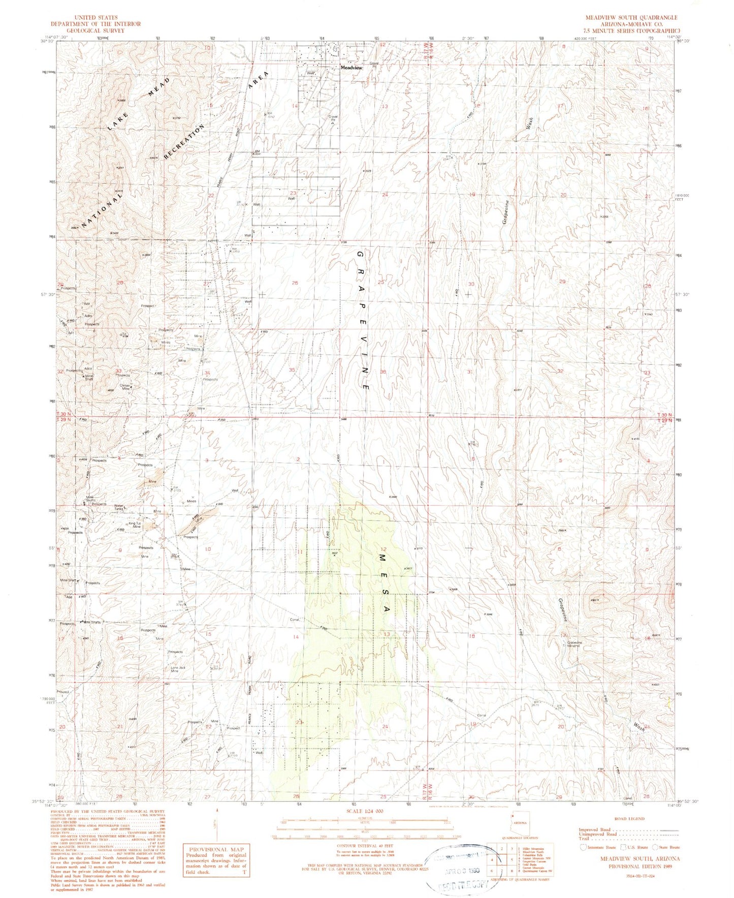 Classic USGS Meadview South Arizona 7.5'x7.5' Topo Map Image