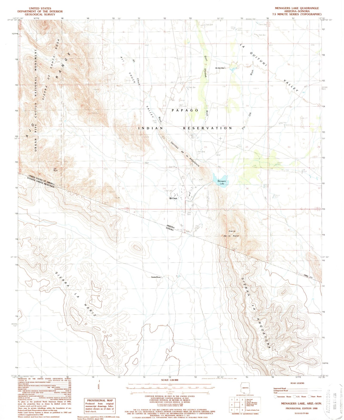 Classic USGS Menagers Lake Arizona 7.5'x7.5' Topo Map Image