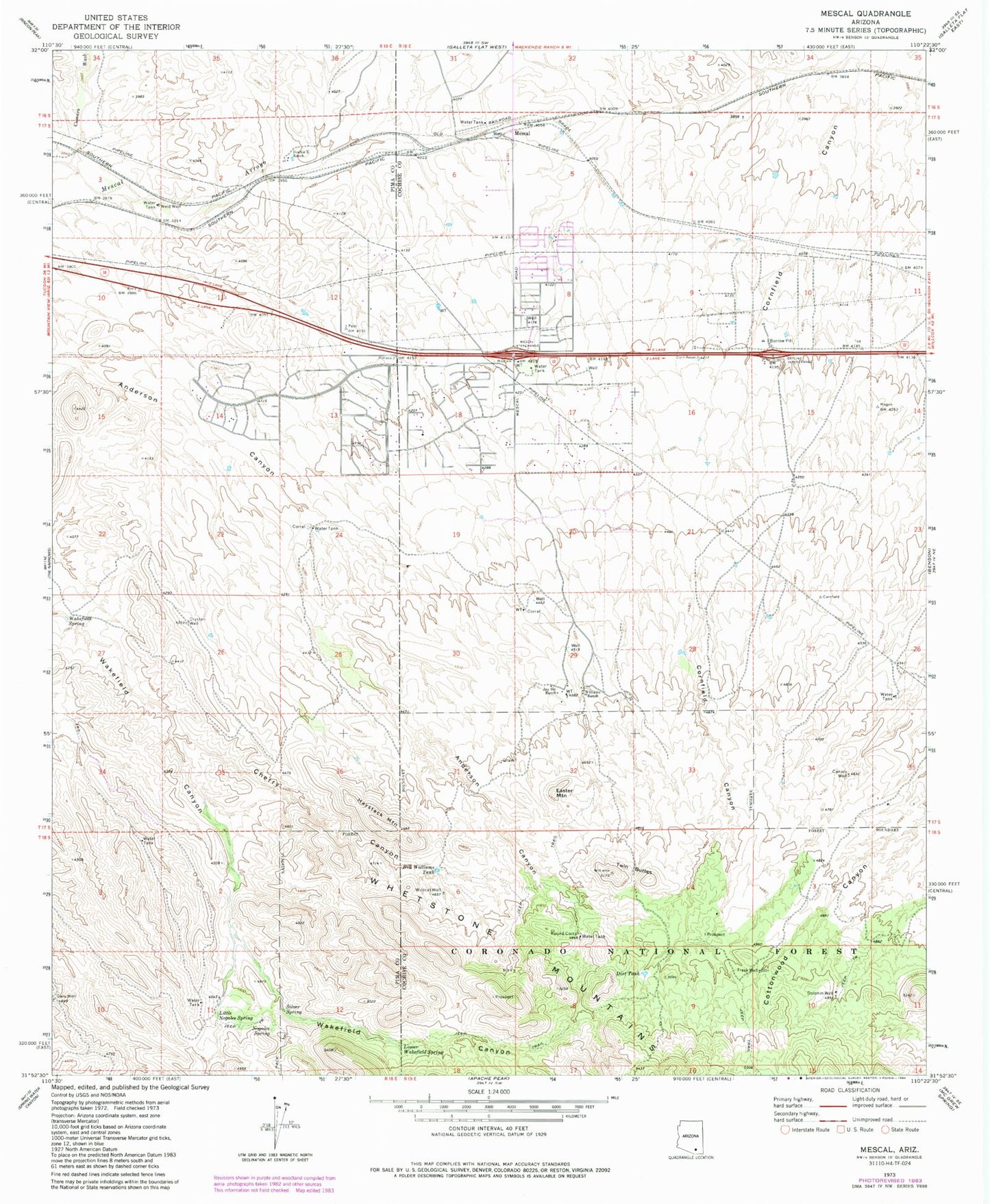 Classic USGS Mescal Arizona 7.5'x7.5' Topo Map Image