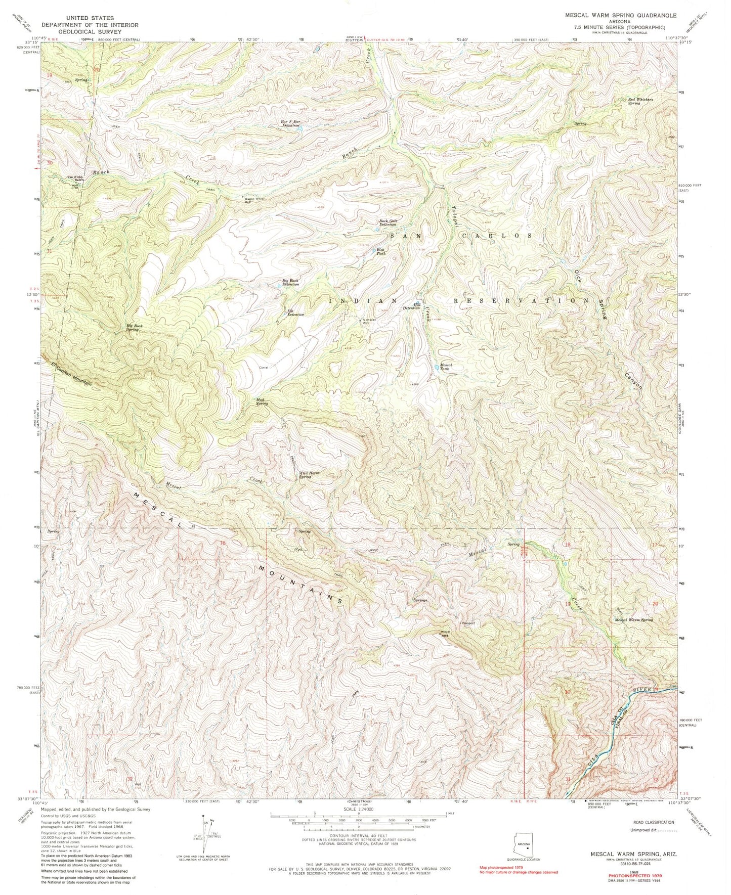 Classic USGS Mescal Warm Spring Arizona 7.5'x7.5' Topo Map Image
