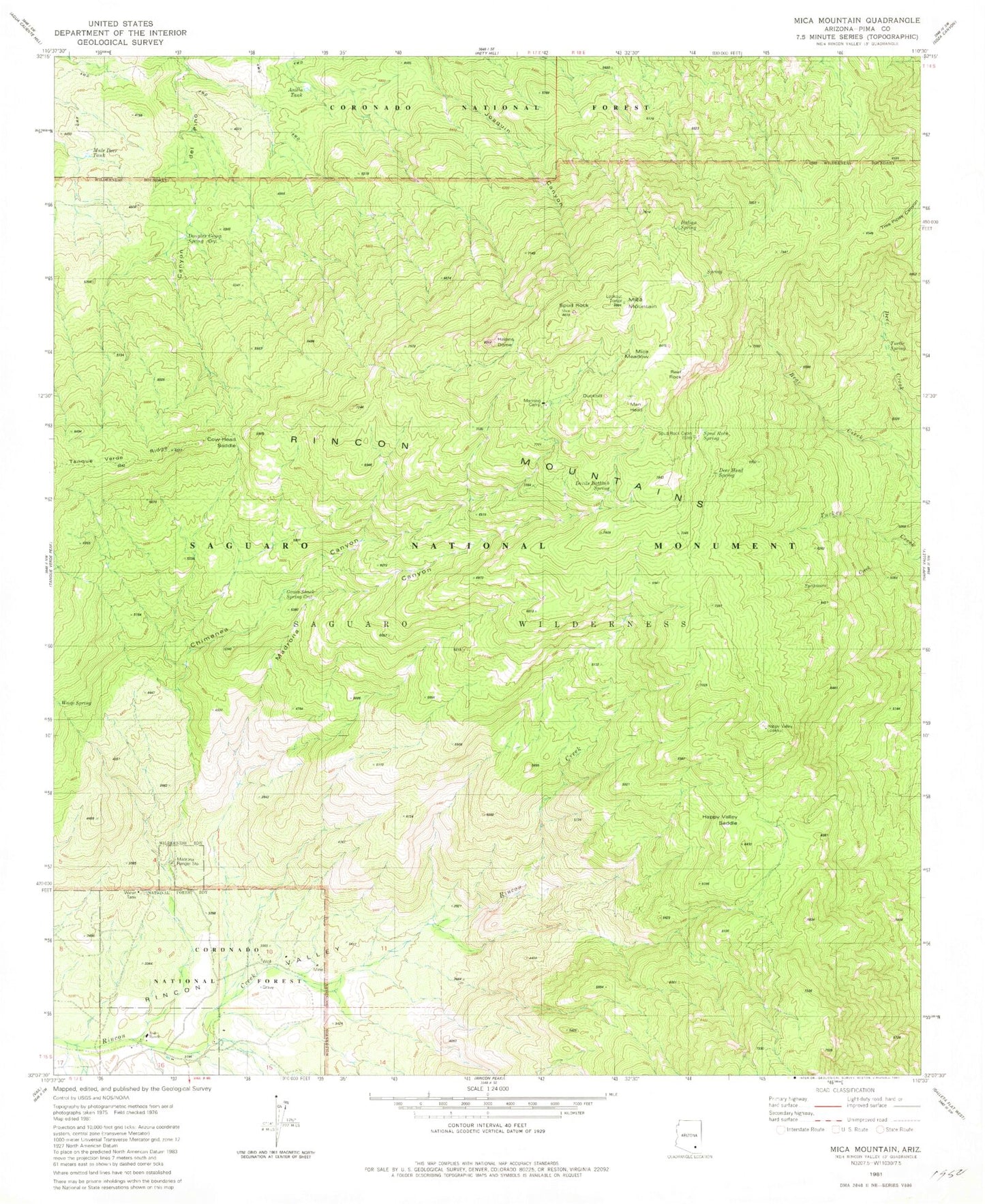 Classic USGS Mica Mountain Arizona 7.5'x7.5' Topo Map Image