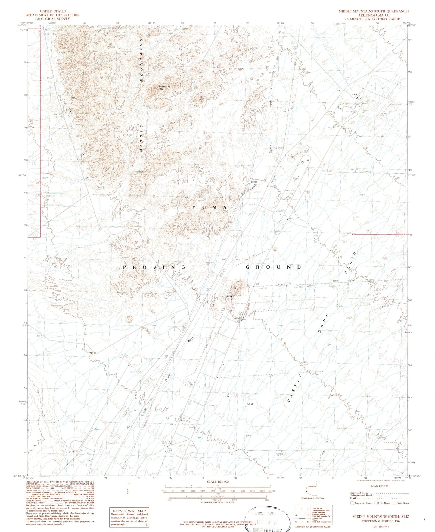 Classic USGS Middle Mountains South Arizona 7.5'x7.5' Topo Map Image