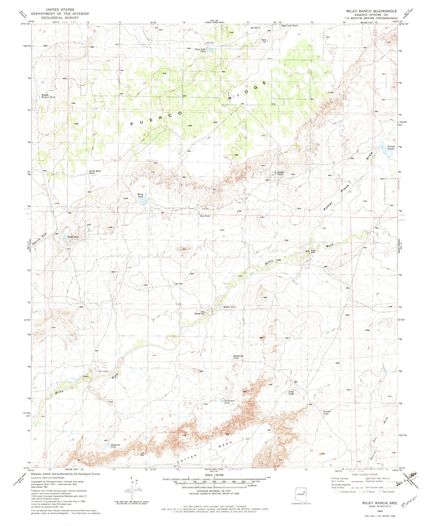 Classic USGS Milky Ranch Arizona 7.5'x7.5' Topo Map Image
