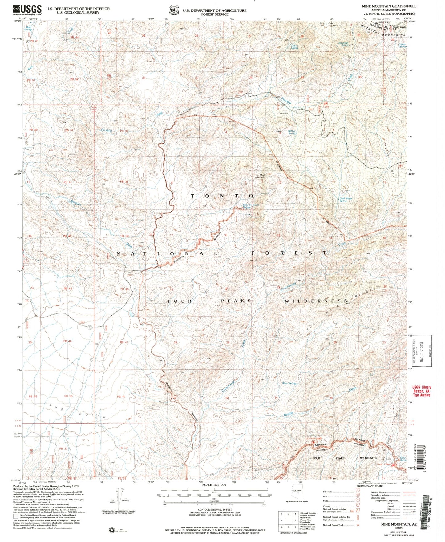 Classic USGS Mine Mountain Arizona 7.5'x7.5' Topo Map Image
