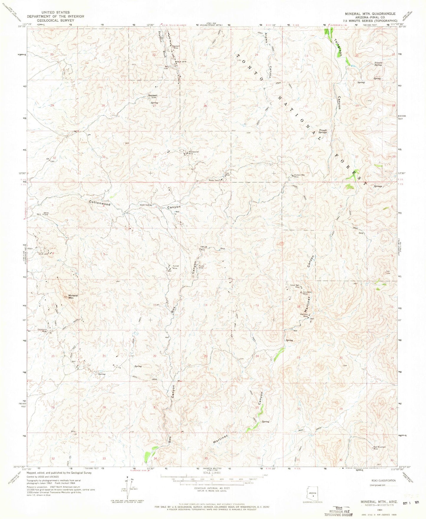 Classic USGS Mineral Mountain Arizona 7.5'x7.5' Topo Map Image