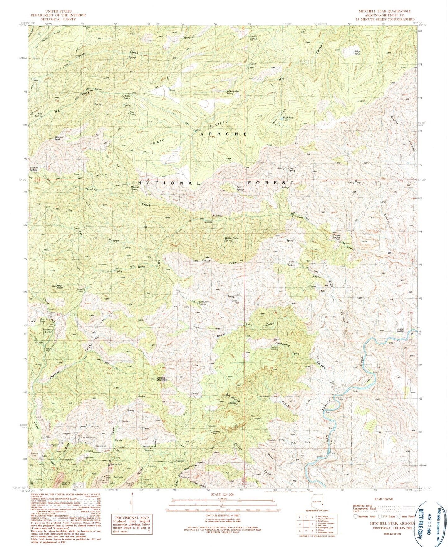 Classic USGS Mitchell Peak Arizona 7.5'x7.5' Topo Map Image