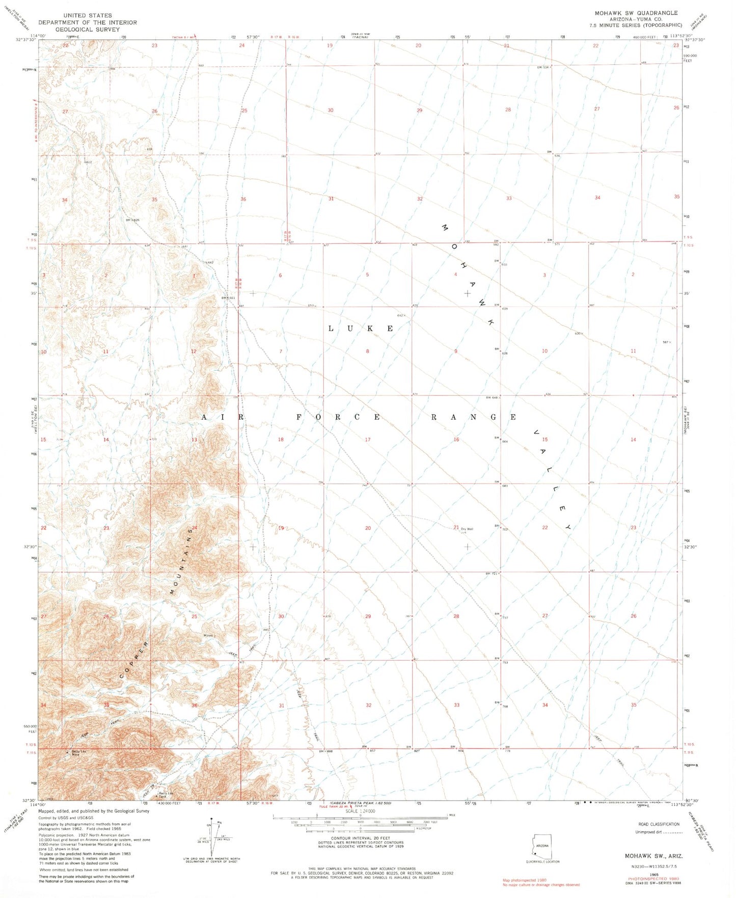 Classic USGS Mohawk SW Arizona 7.5'x7.5' Topo Map Image