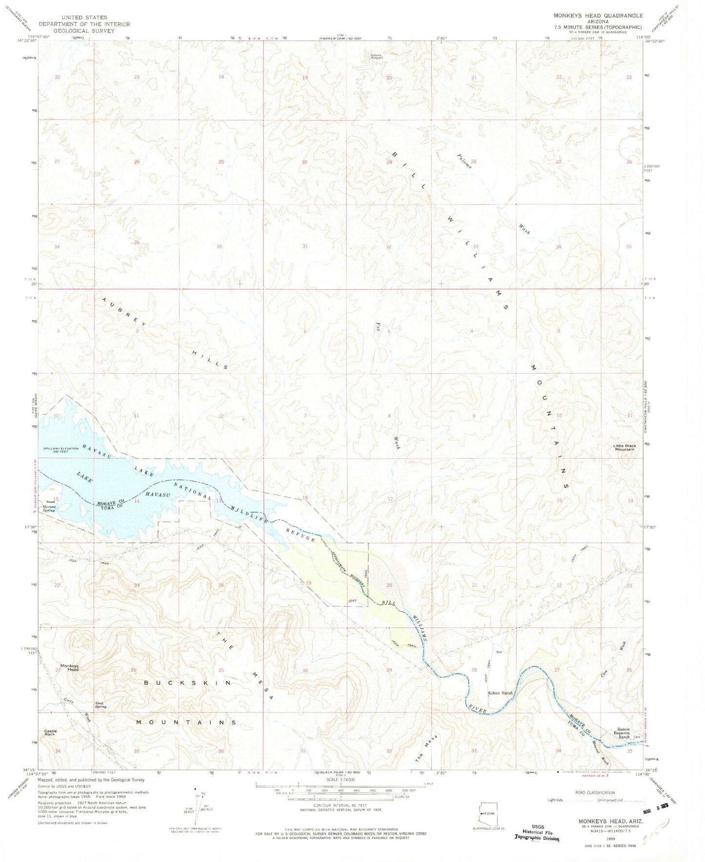 Classic USGS Monkeys Head Arizona 7.5'x7.5' Topo Map Image