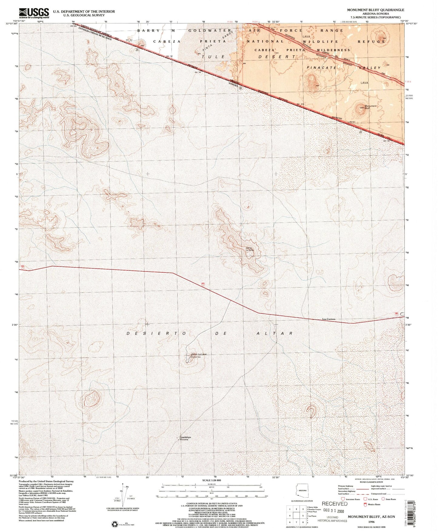 Classic USGS Monument Bluff Arizona 7.5'x7.5' Topo Map Image
