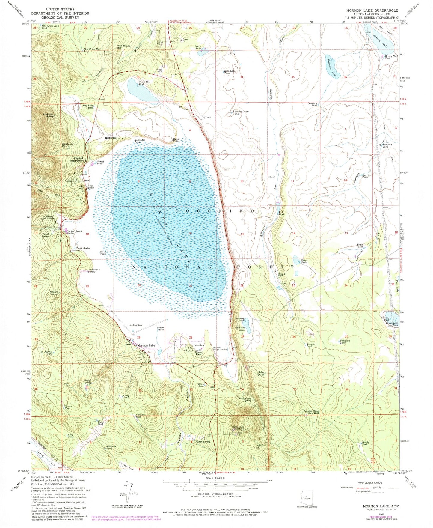 Classic USGS Mormon Lake Arizona 7.5'x7.5' Topo Map Image