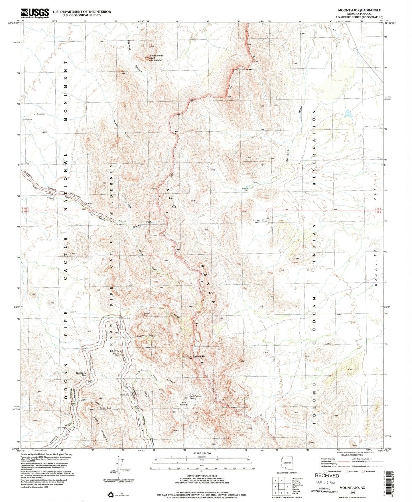 Classic USGS Mount Ajo Arizona 7.5'x7.5' Topo Map Image