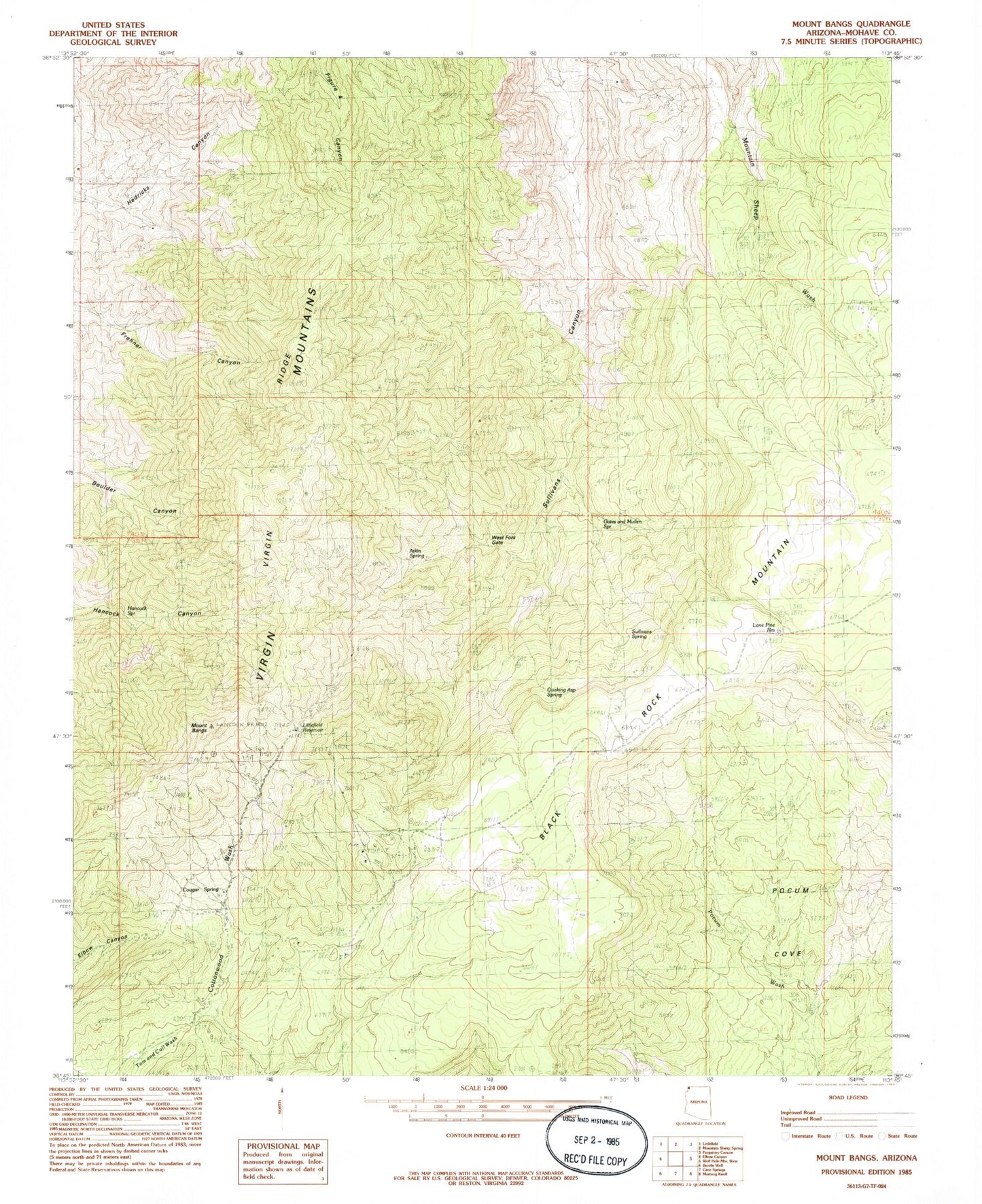 Classic USGS Mount Bangs Arizona 7.5'x7.5' Topo Map Image