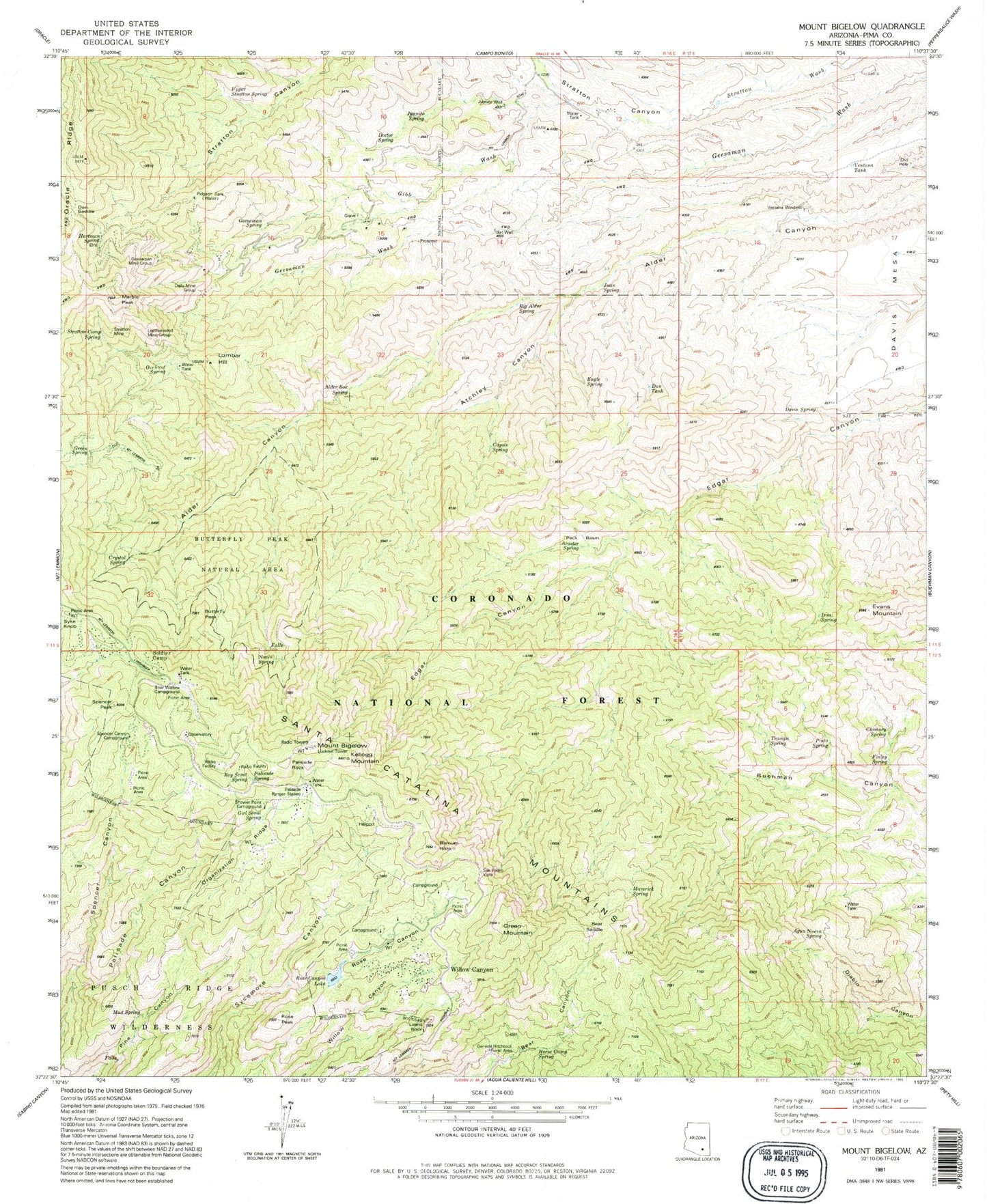 Classic USGS Mount Bigelow Arizona 7.5'x7.5' Topo Map Image