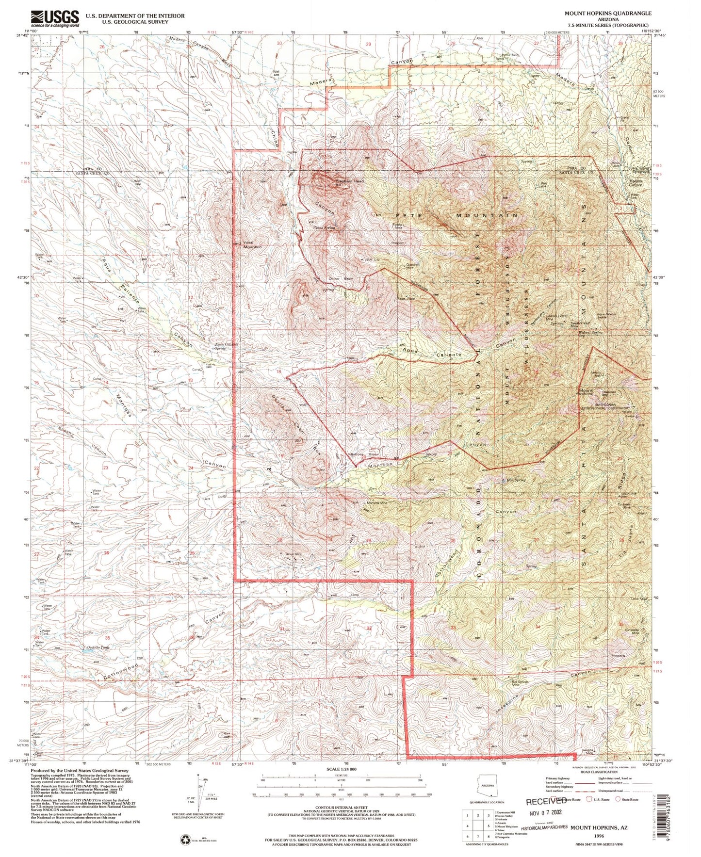 Classic USGS Mount Hopkins Arizona 7.5'x7.5' Topo Map Image