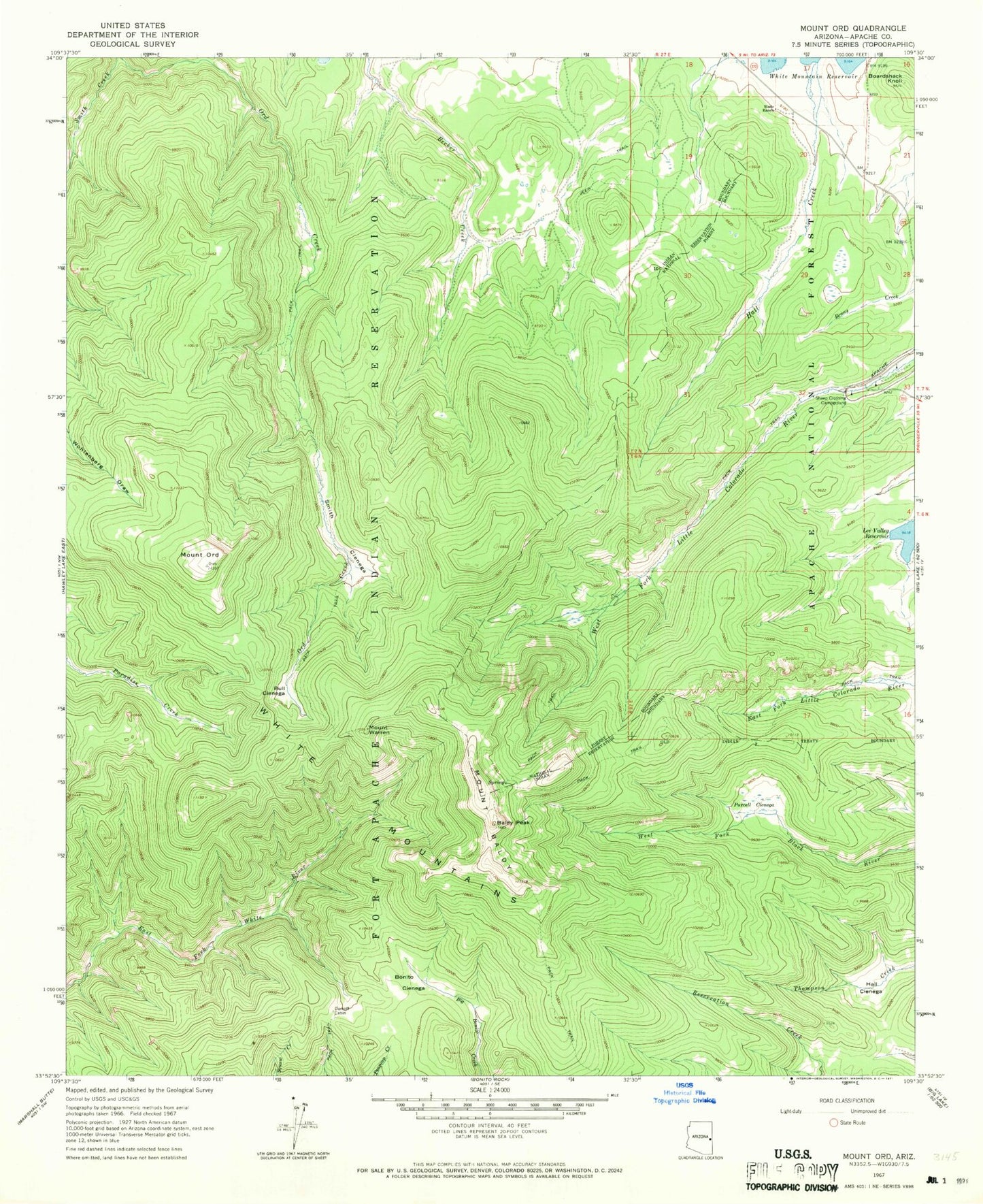 Classic USGS Mount Baldy Arizona 7.5'x7.5' Topo Map Image