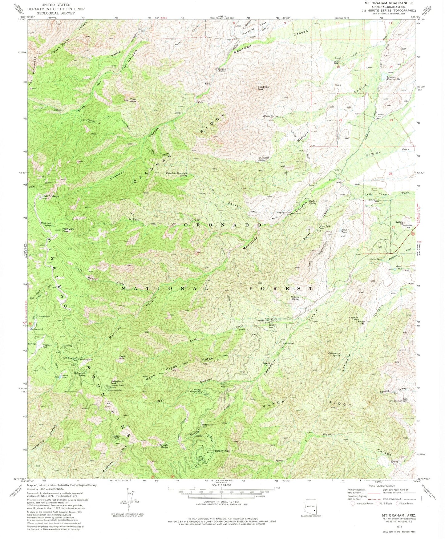 Classic USGS Mount Graham Arizona 7.5'x7.5' Topo Map Image