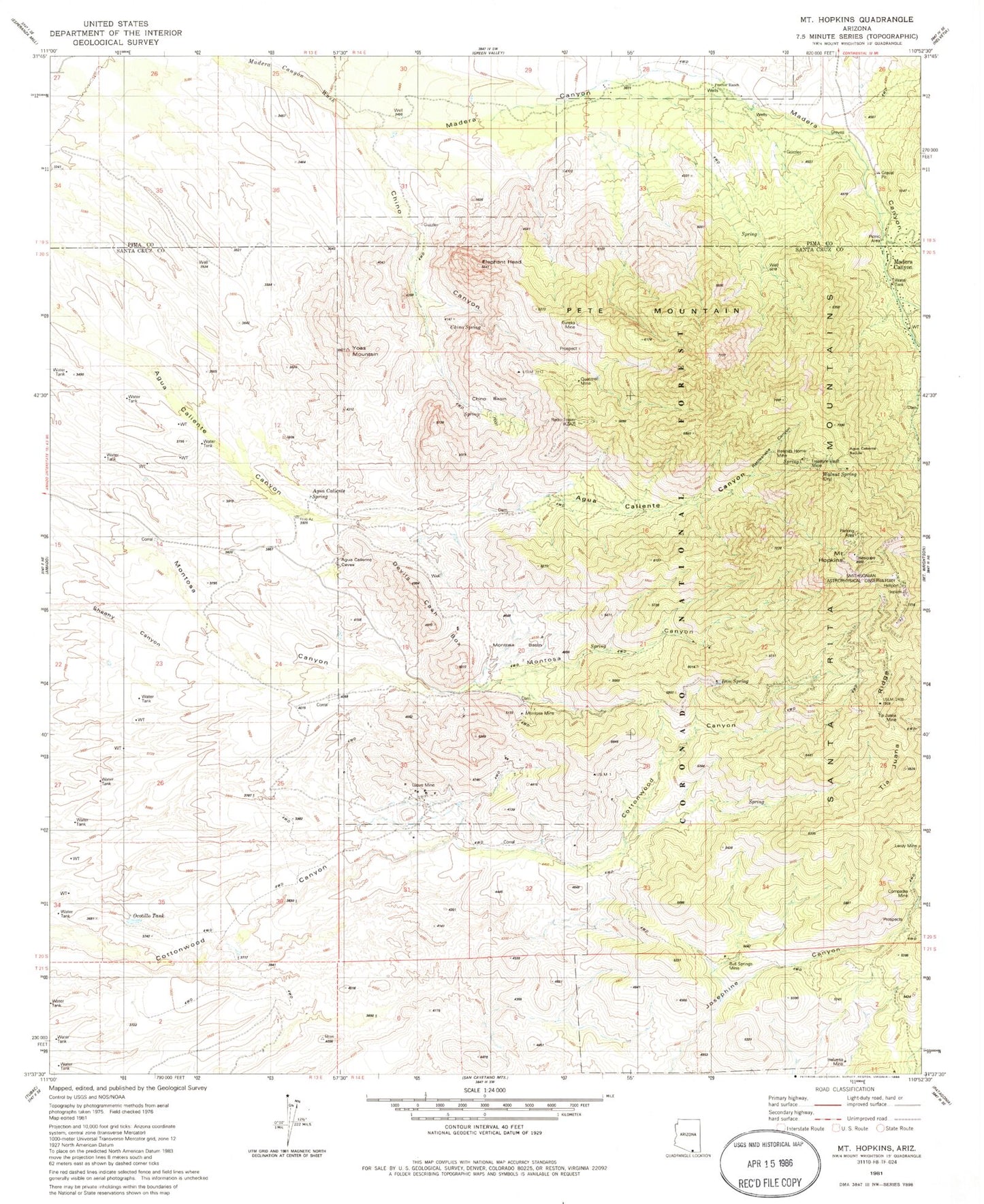 Classic USGS Mount Hopkins Arizona 7.5'x7.5' Topo Map Image