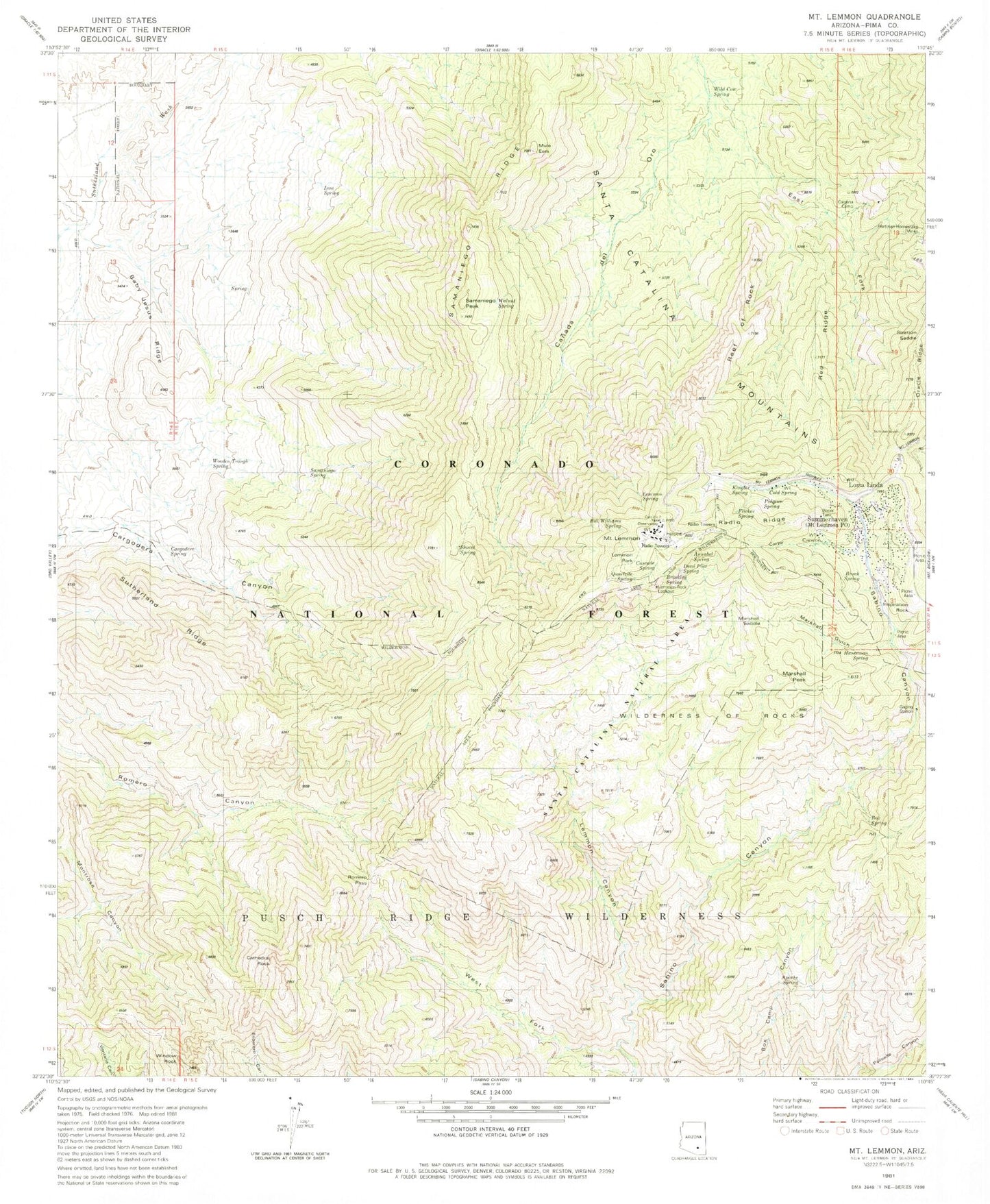 Classic USGS Mount Lemmon Arizona 7.5'x7.5' Topo Map Image