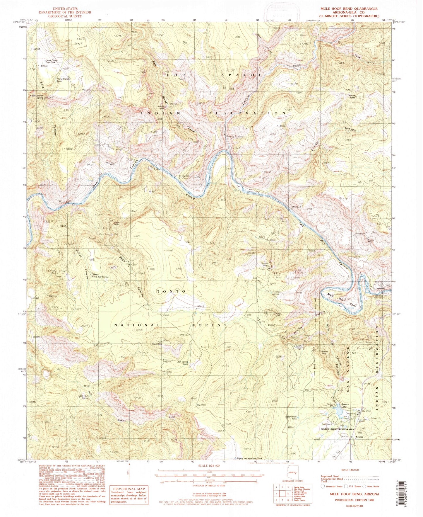 Classic USGS Mule Hoof Bend Arizona 7.5'x7.5' Topo Map Image