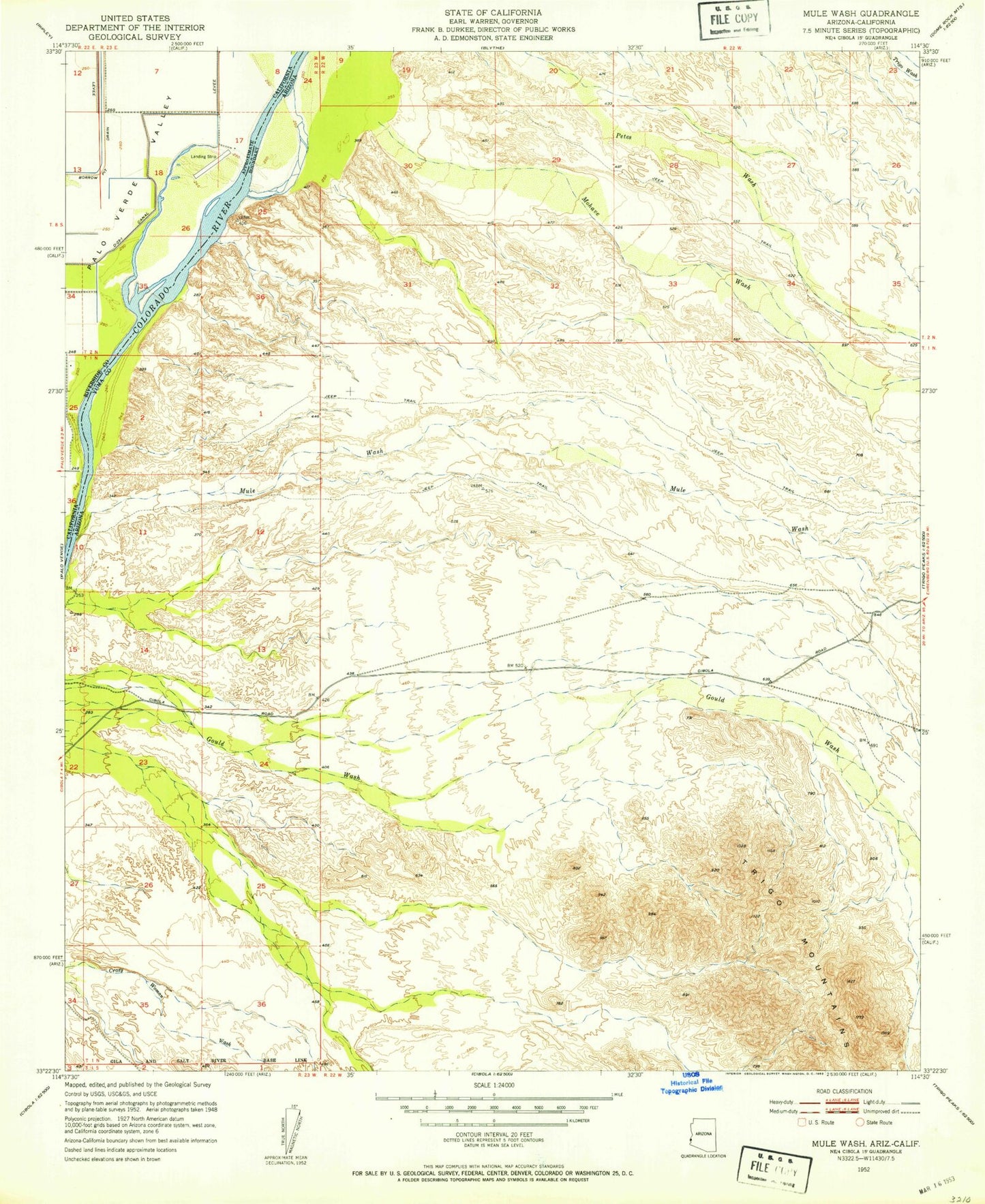 Classic USGS Mule Wash Arizona 7.5'x7.5' Topo Map Image