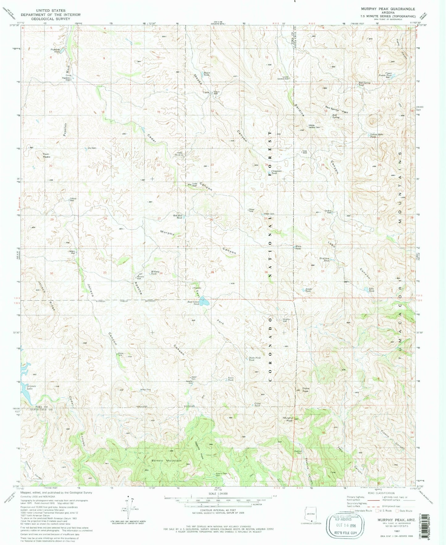 Classic USGS Murphy Peak Arizona 7.5'x7.5' Topo Map Image