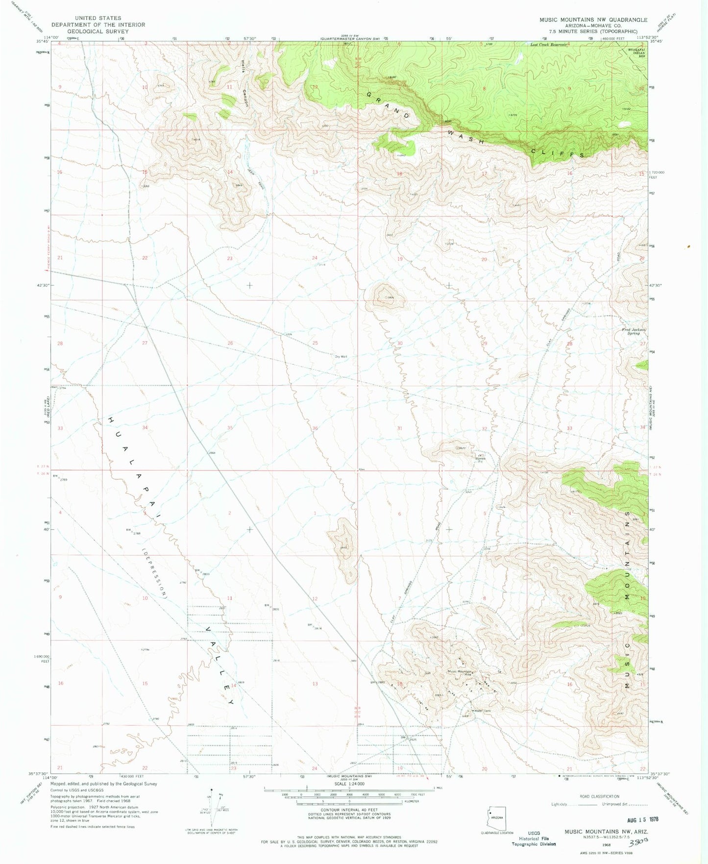 Classic USGS Music Mountains NW Arizona 7.5'x7.5' Topo Map Image