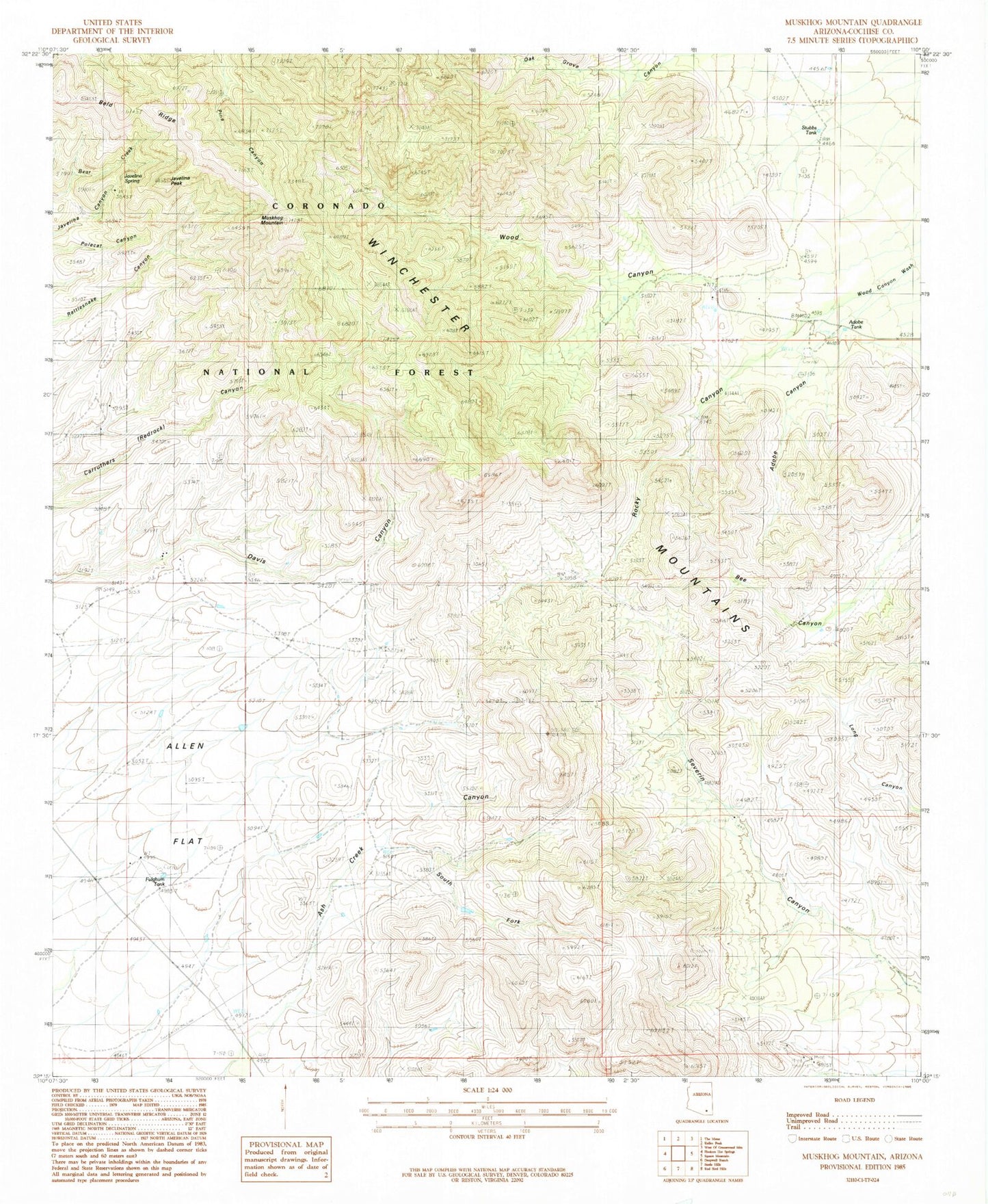 Classic USGS Muskhog Mountain Arizona 7.5'x7.5' Topo Map Image