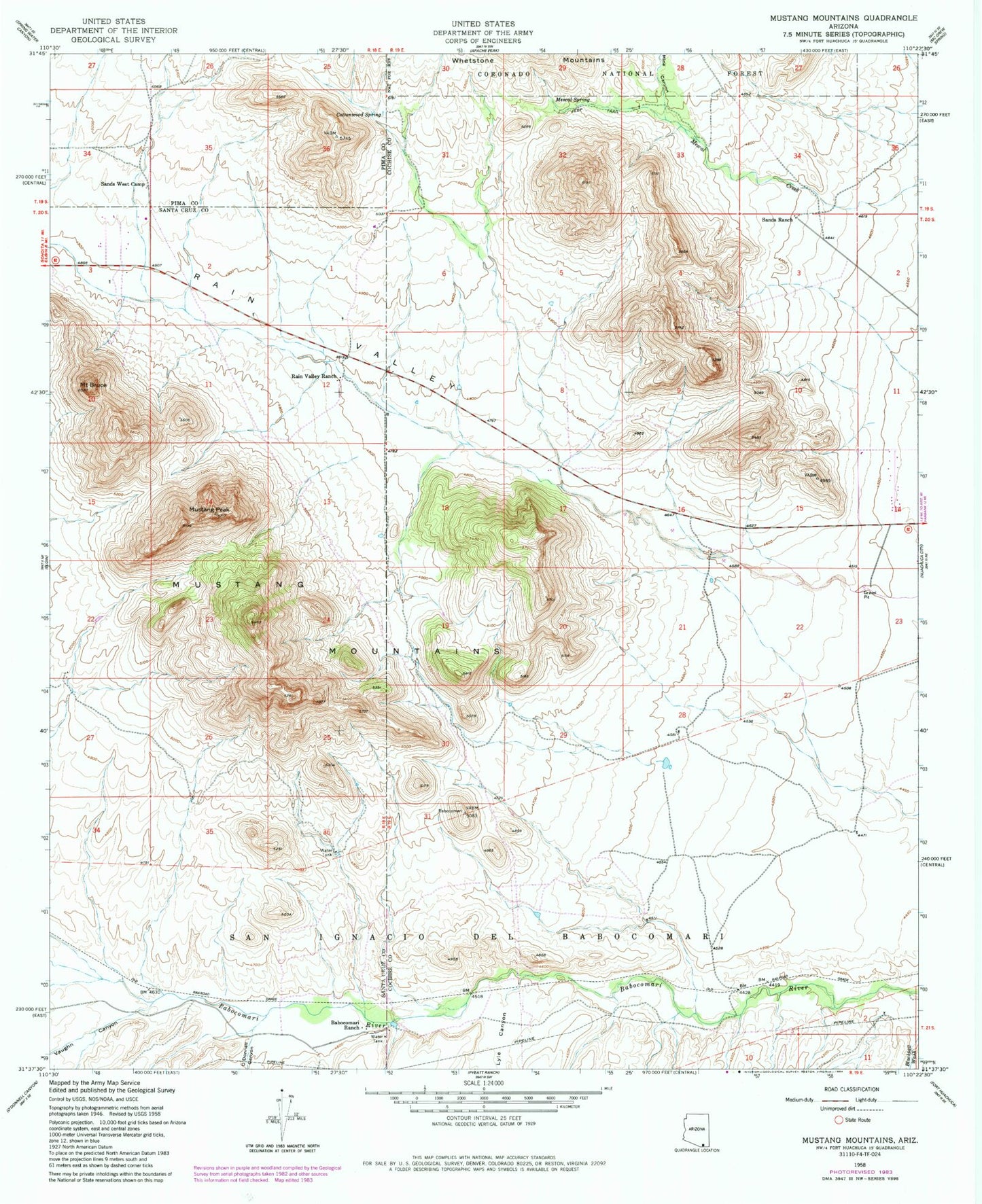 Classic USGS Mustang Mountains Arizona 7.5'x7.5' Topo Map Image