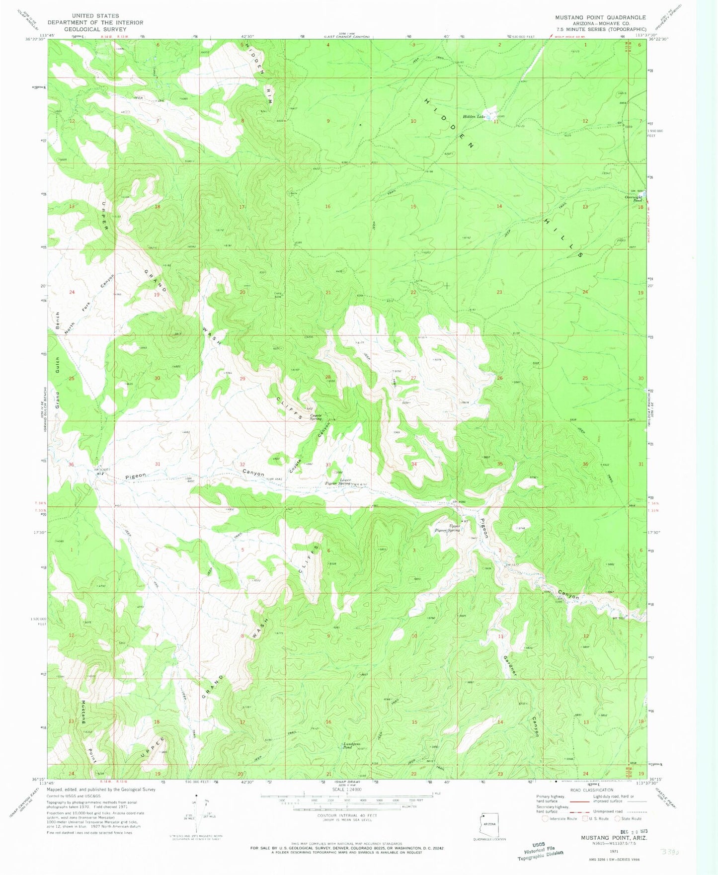 Classic USGS Mustang Point Arizona 7.5'x7.5' Topo Map Image