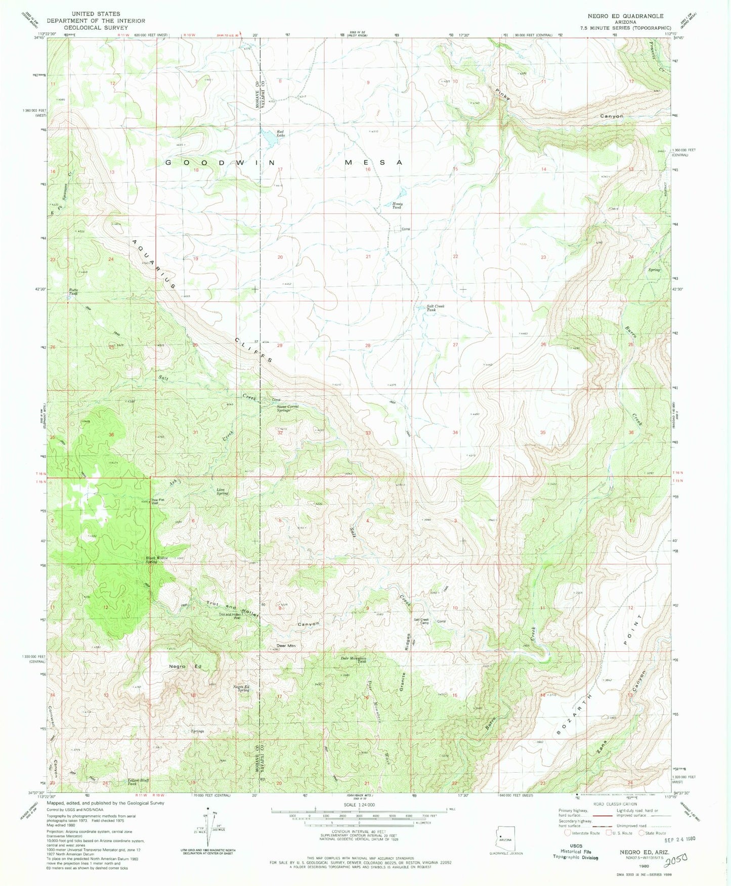 Classic USGS Negro Ed Arizona 7.5'x7.5' Topo Map Image