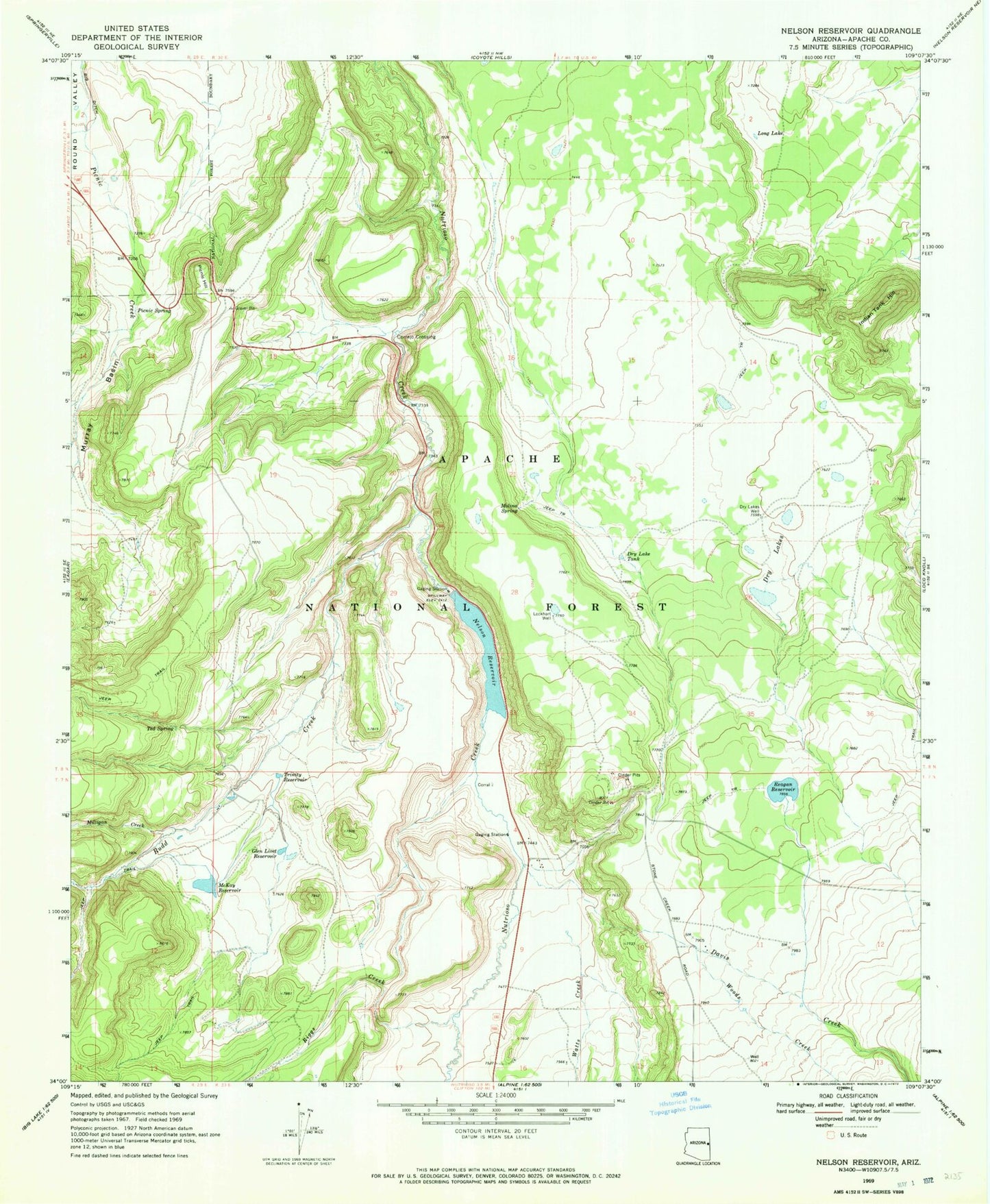 Classic USGS Nelson Reservoir Arizona 7.5'x7.5' Topo Map Image