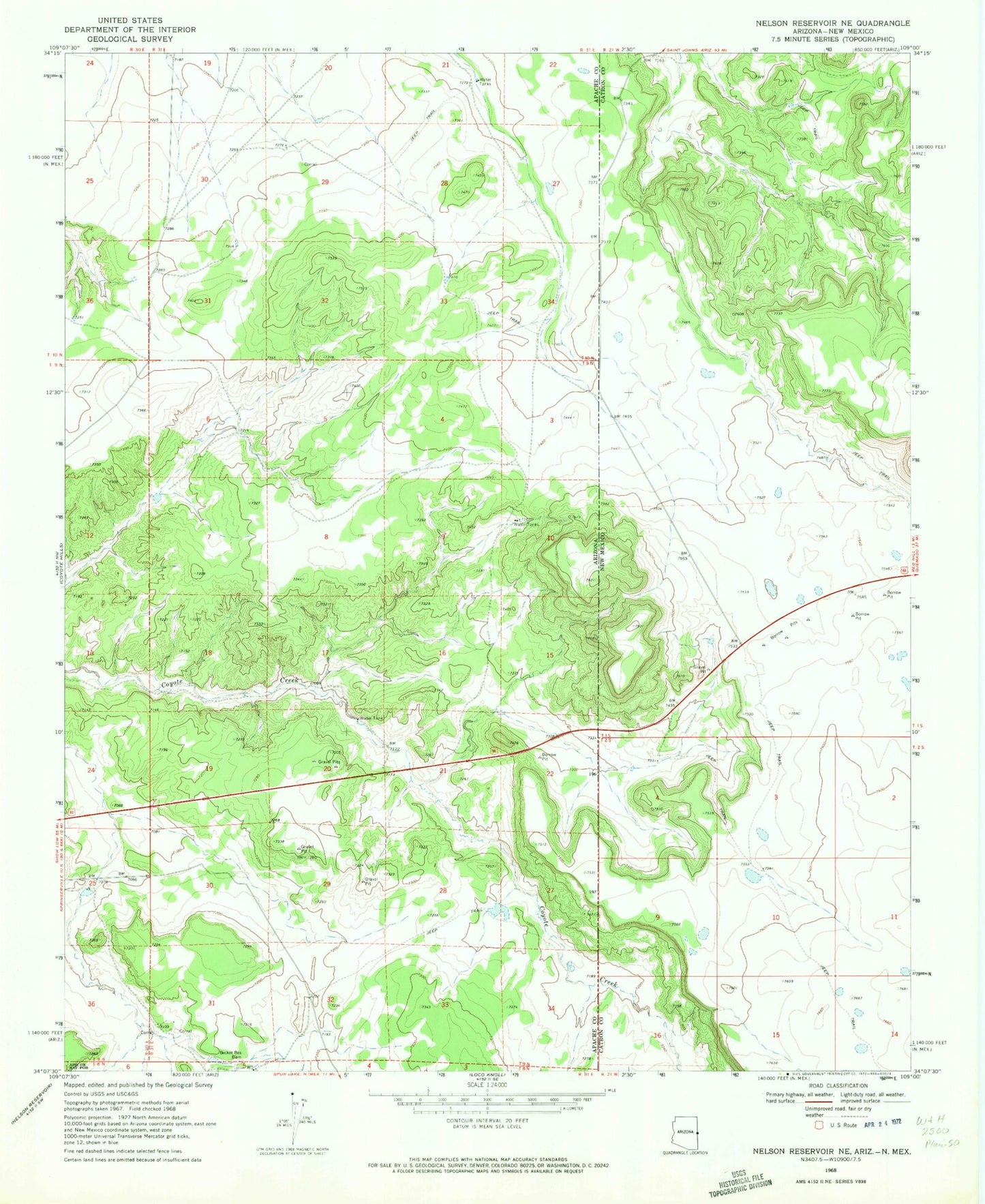 Classic USGS Nelson Reservoir NE Arizona 7.5'x7.5' Topo Map Image