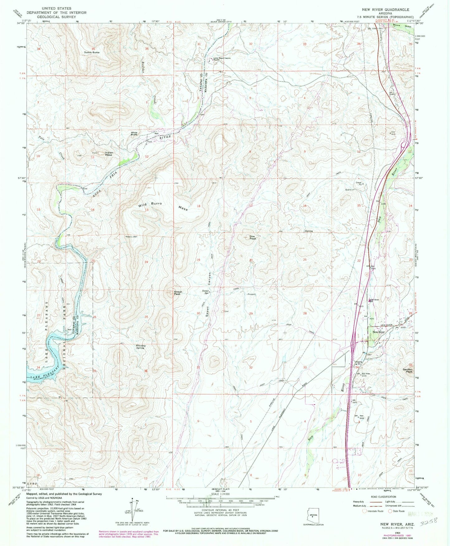 Classic USGS New River Arizona 7.5'x7.5' Topo Map Image