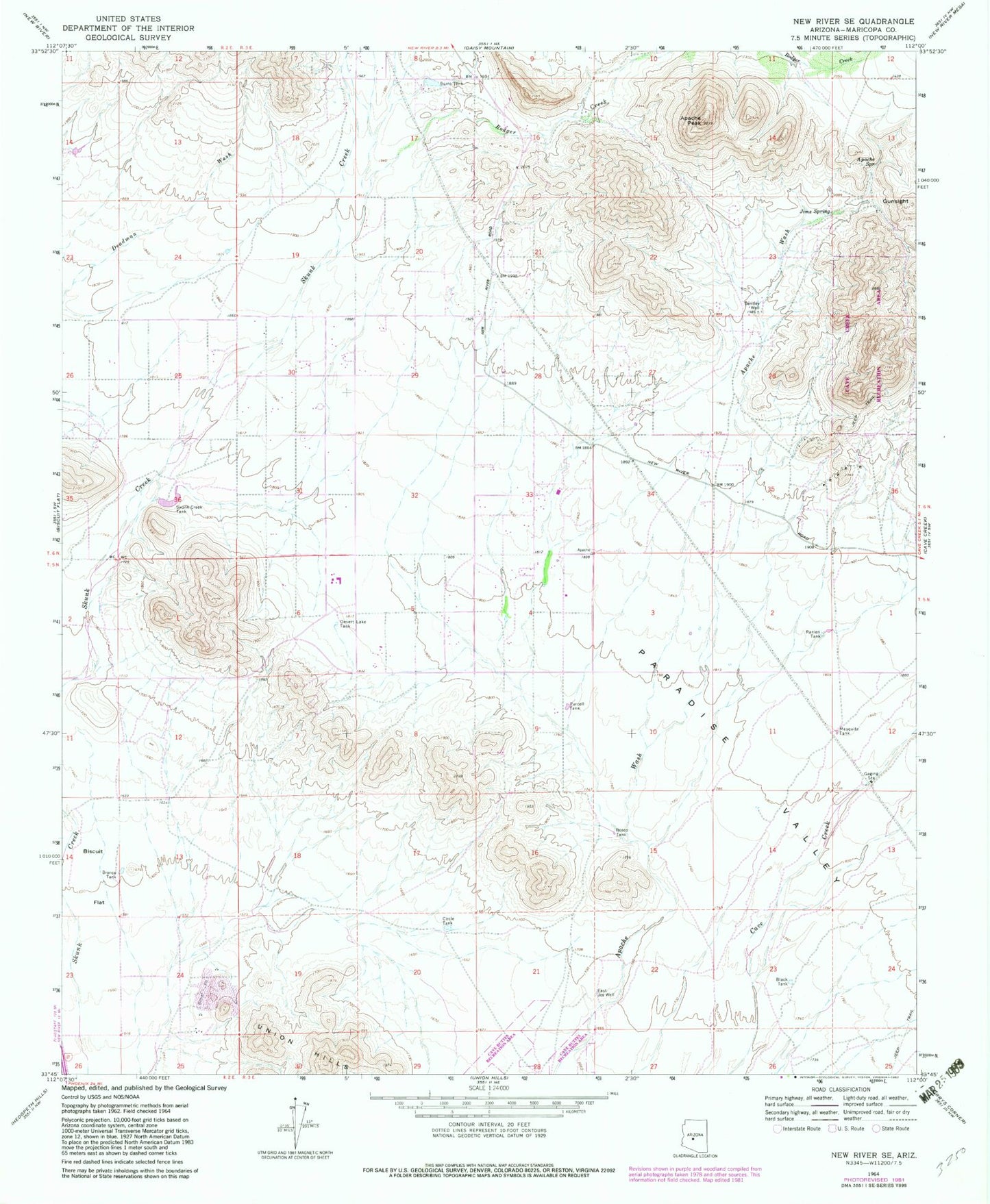 Classic USGS New River SE Arizona 7.5'x7.5' Topo Map Image