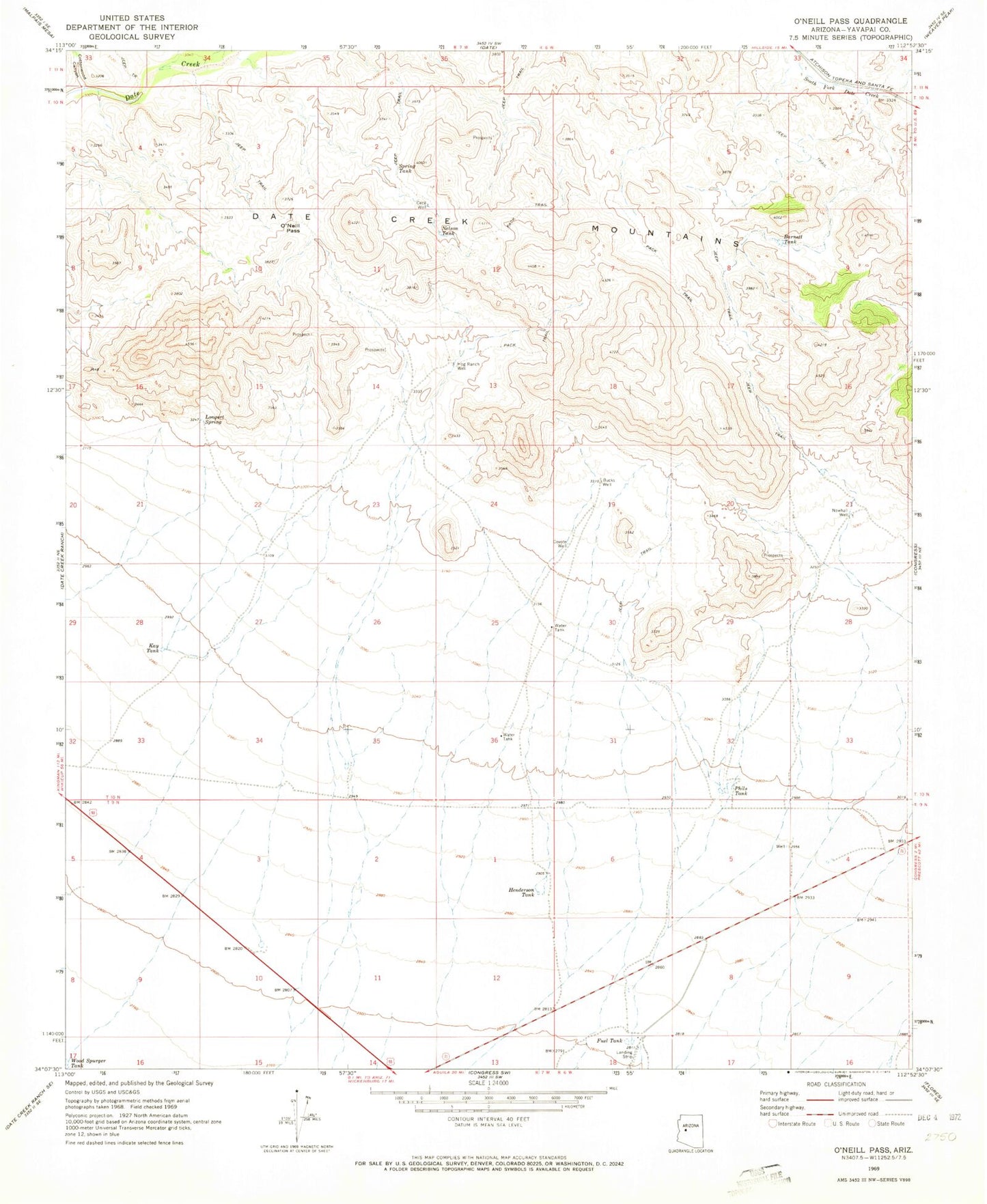 Classic USGS O'Neill Pass Arizona 7.5'x7.5' Topo Map Image