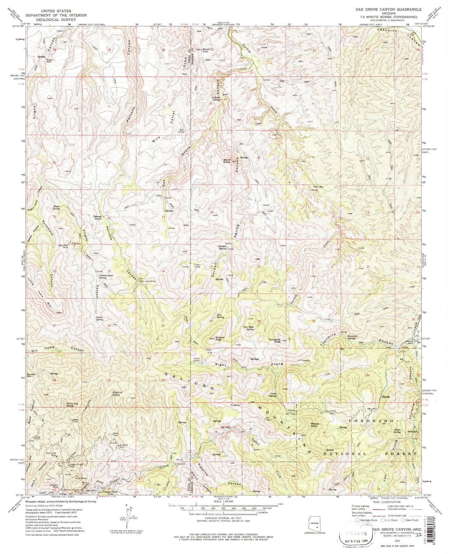 Classic USGS Oak Grove Canyon Arizona 7.5'x7.5' Topo Map Image
