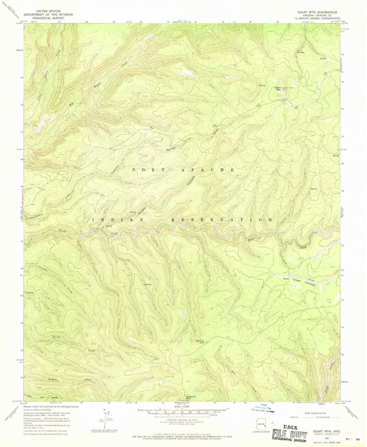 Classic USGS Odart Mountain Arizona 7.5'x7.5' Topo Map Image