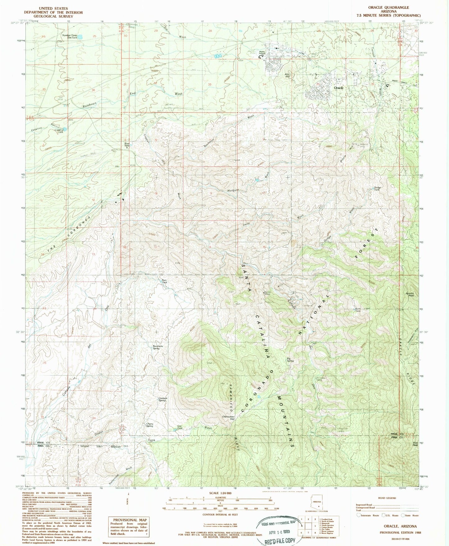 Classic USGS Oracle Arizona 7.5'x7.5' Topo Map Image