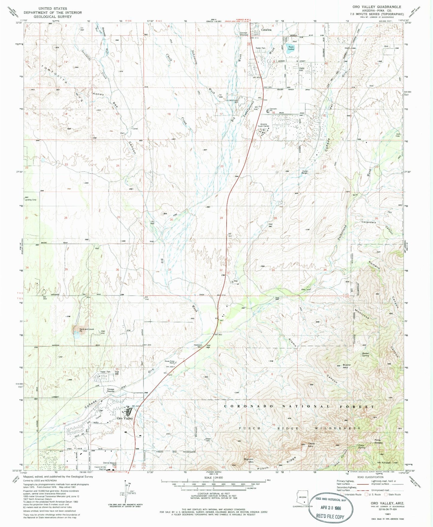 Classic USGS Oro Valley Arizona 7.5'x7.5' Topo Map Image