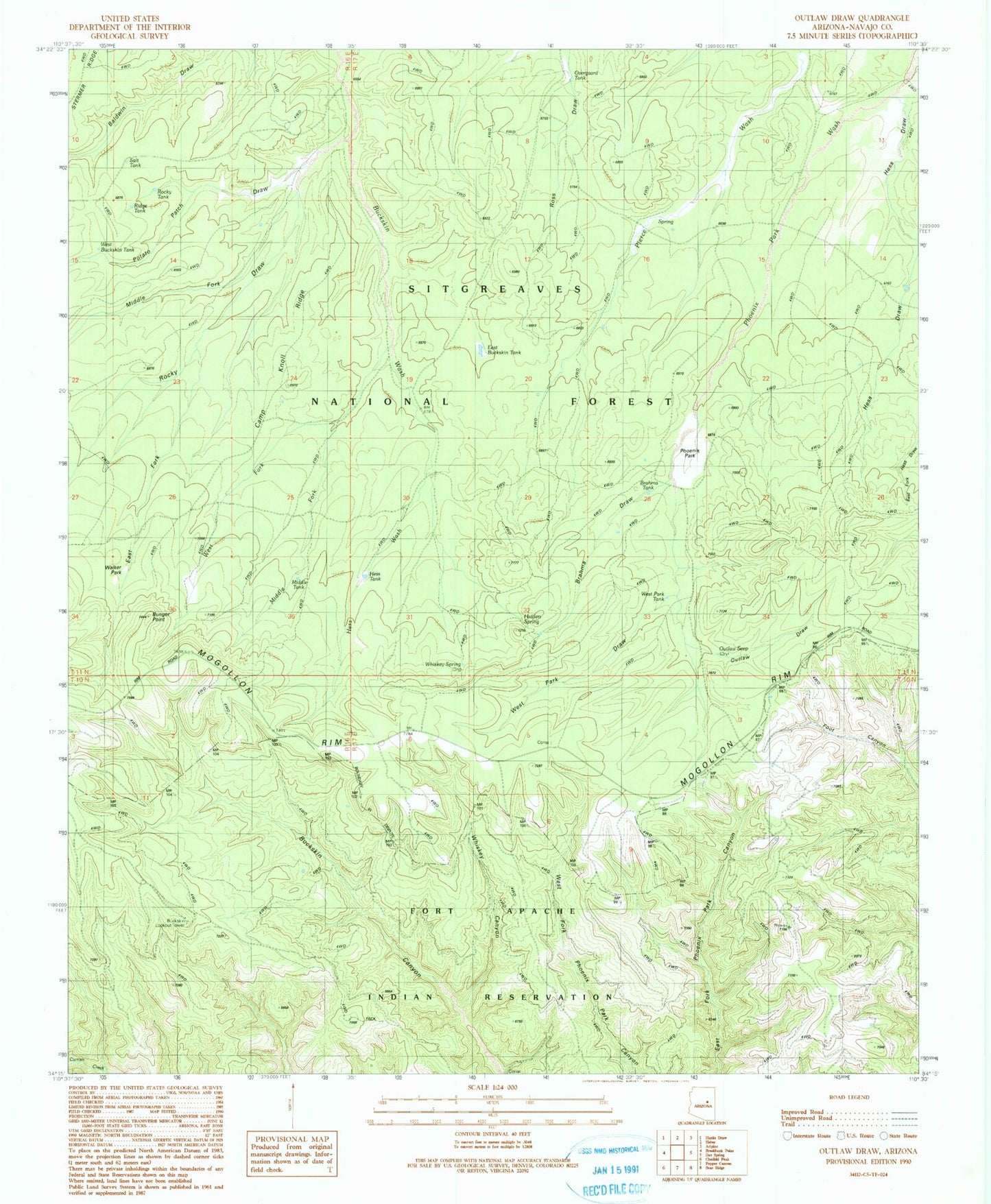 Classic USGS Outlaw Draw Arizona 7.5'x7.5' Topo Map Image