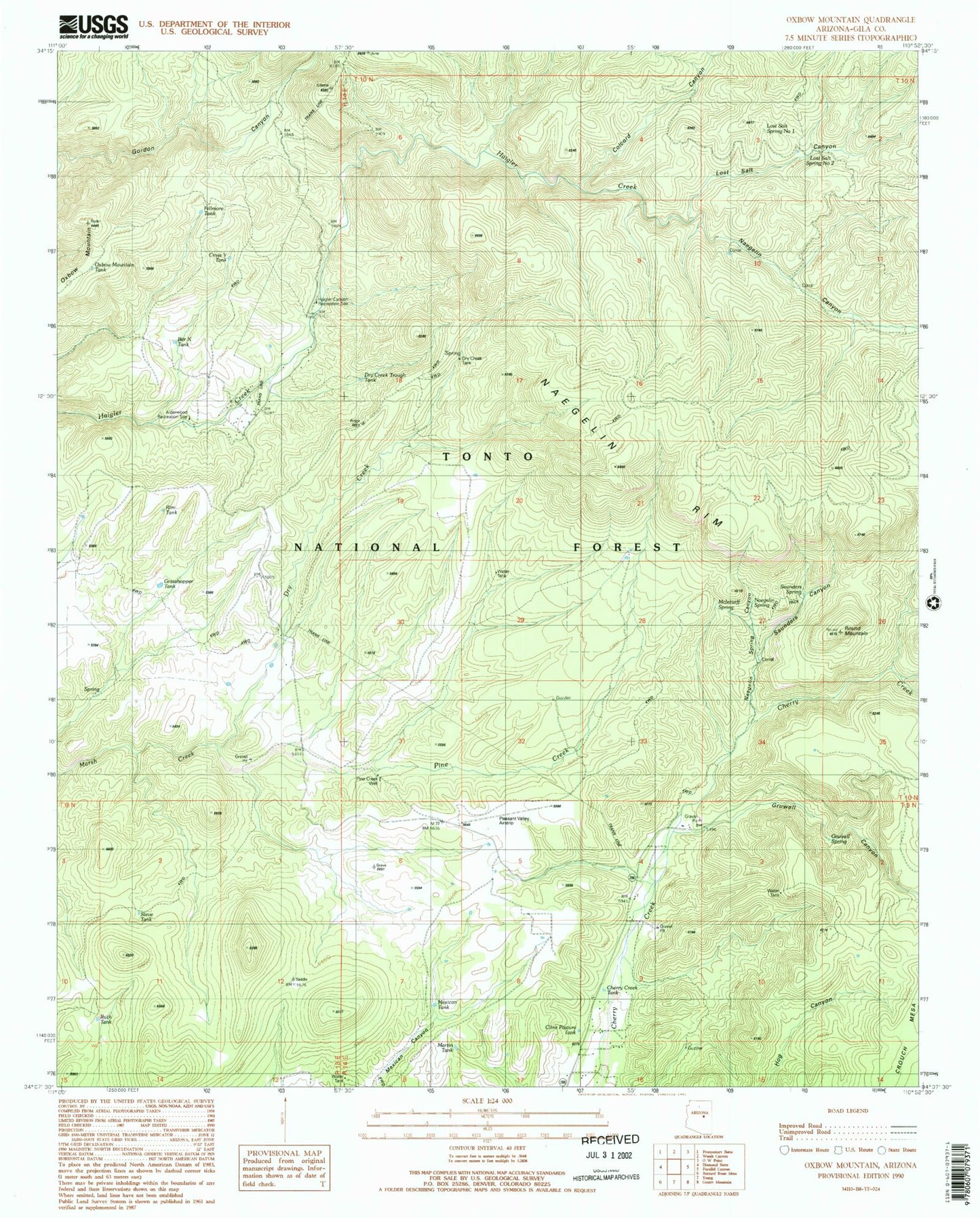 Classic USGS Oxbow Mountain Arizona 7.5'x7.5' Topo Map Image