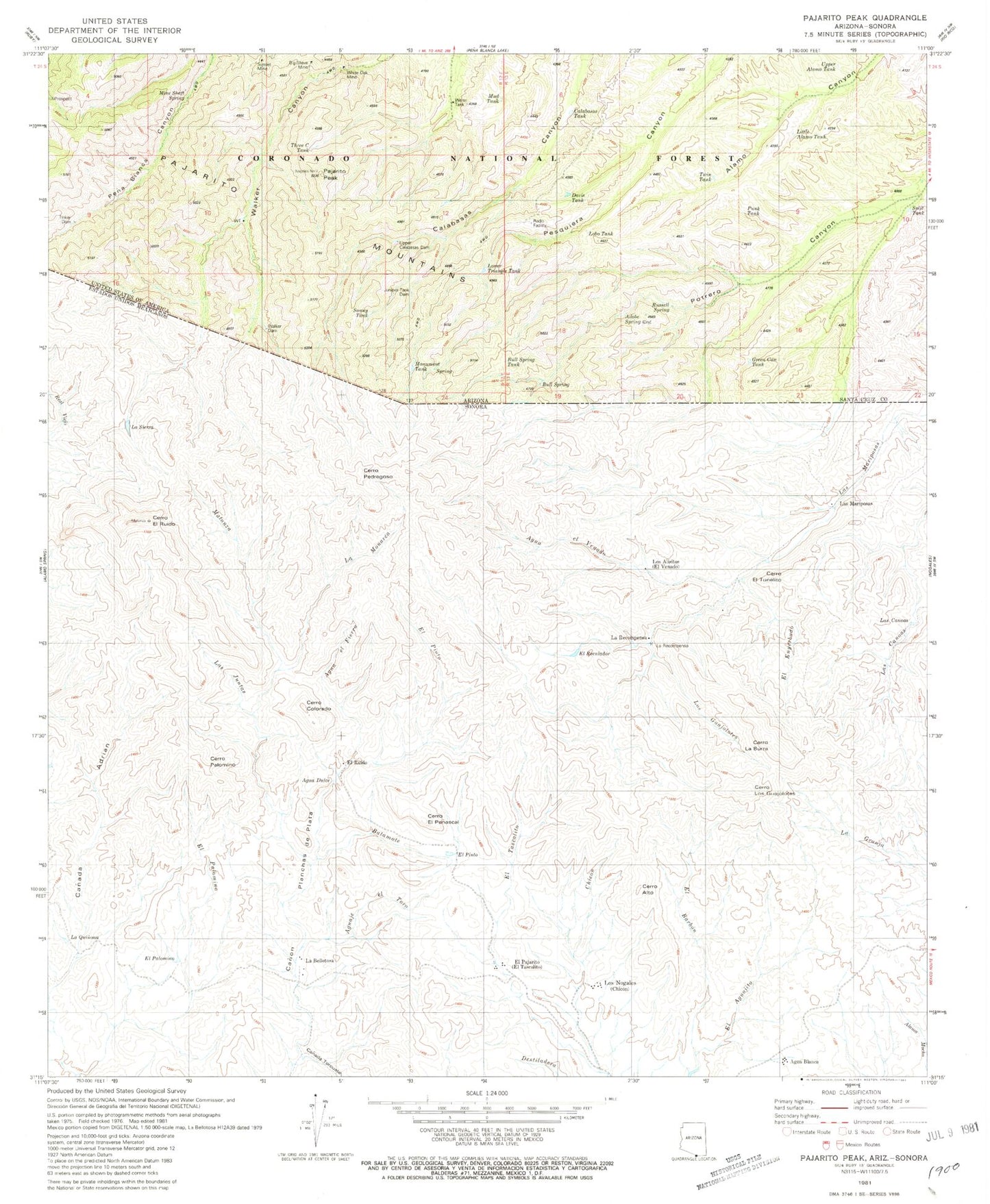 Classic USGS Pajarito Peak Arizona 7.5'x7.5' Topo Map Image