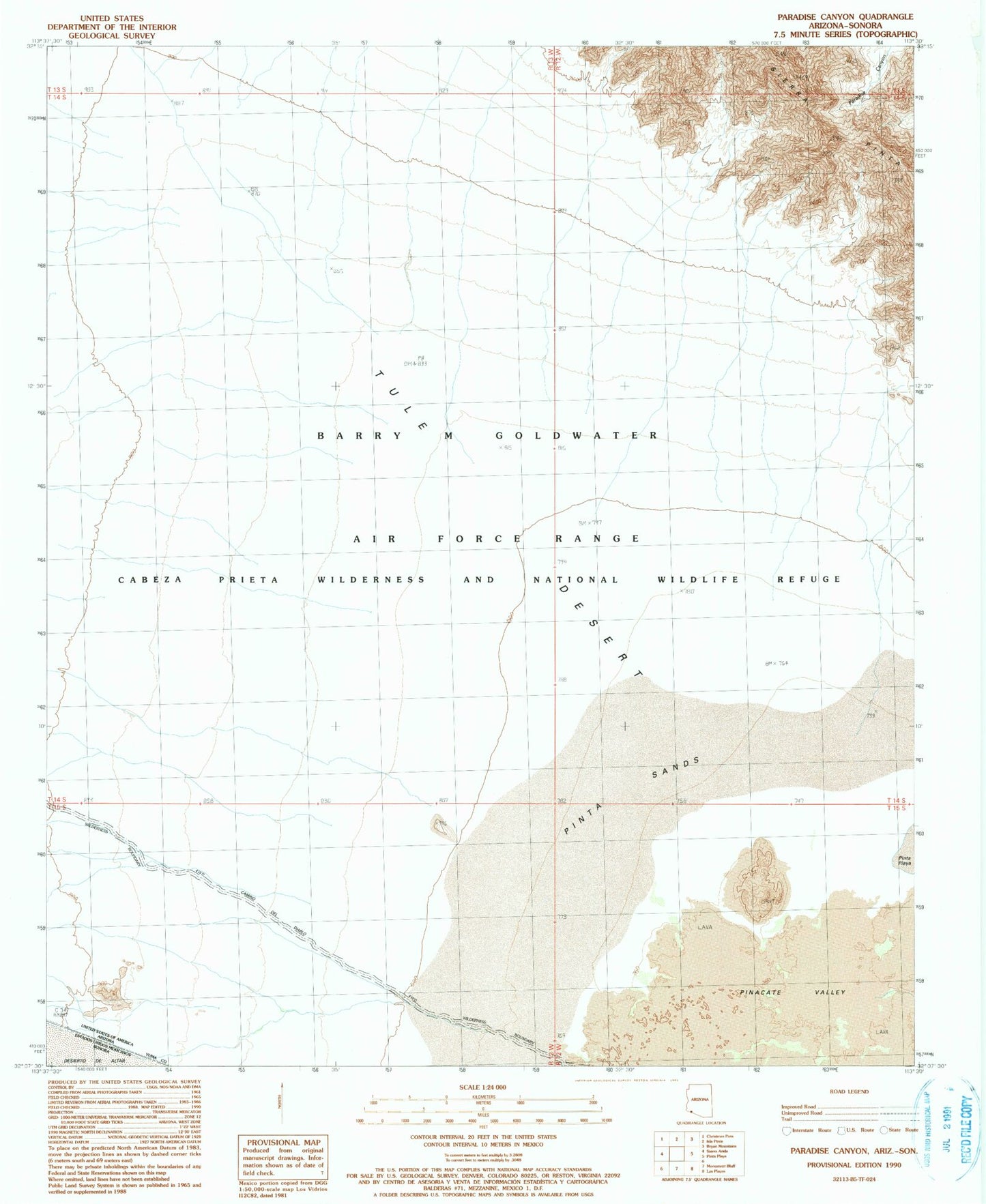 Classic USGS Paradise Canyon Arizona 7.5'x7.5' Topo Map Image